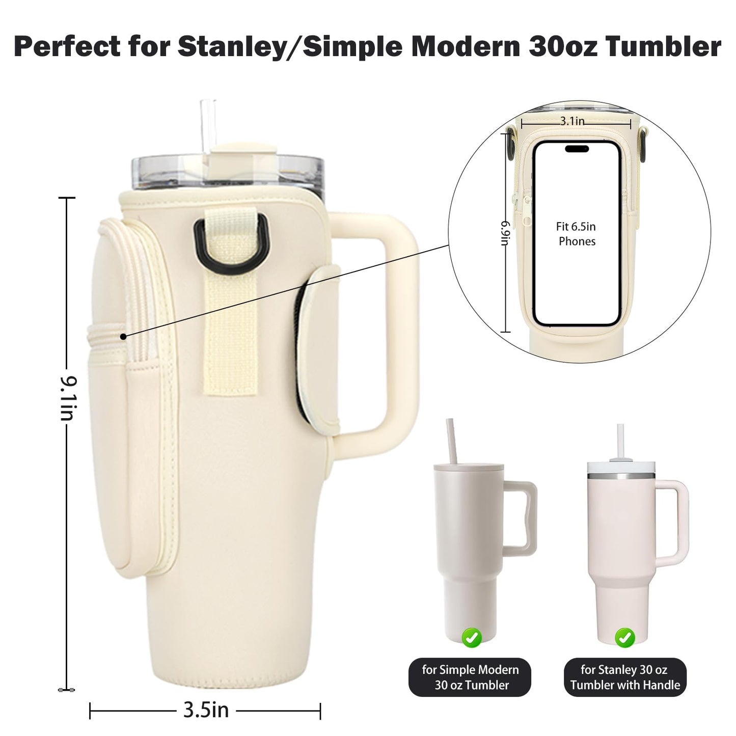GOEWY Water Bottle Carrier Bag for Stanley 30oz Tumbler with Phone Pocket Water Bottle Holder with Strap Neoprene Water Bottle Pouch for Stanley Cup Accessories
