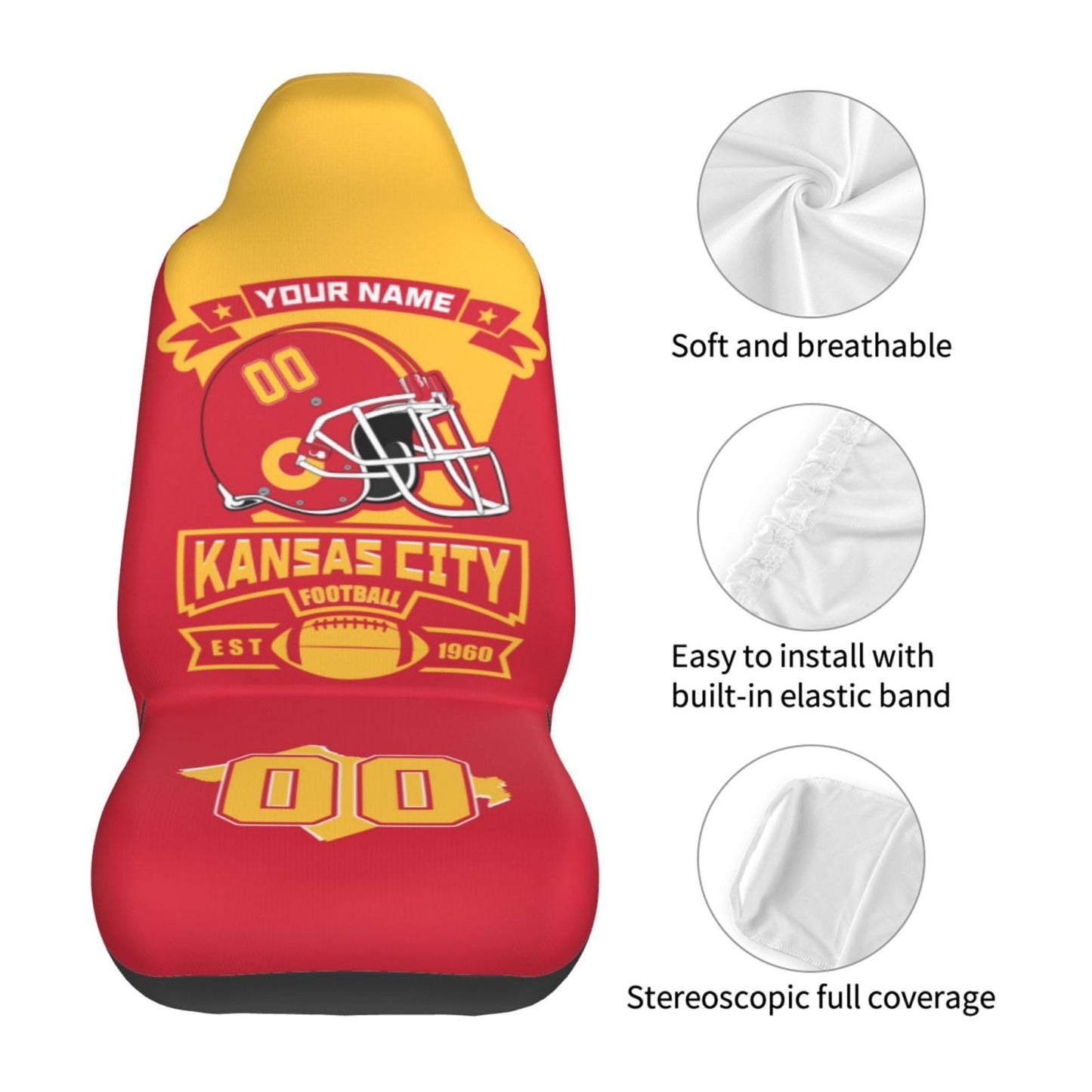 Custom Kansas City Car Seat Covers 1PC & 2PC, Personalized Car Interior Decor Seat Protector Cover Case,Add Name Number,Universal Size Fit Most Car, Truck, SUV, Van,Football Fan Gifts for Men Women