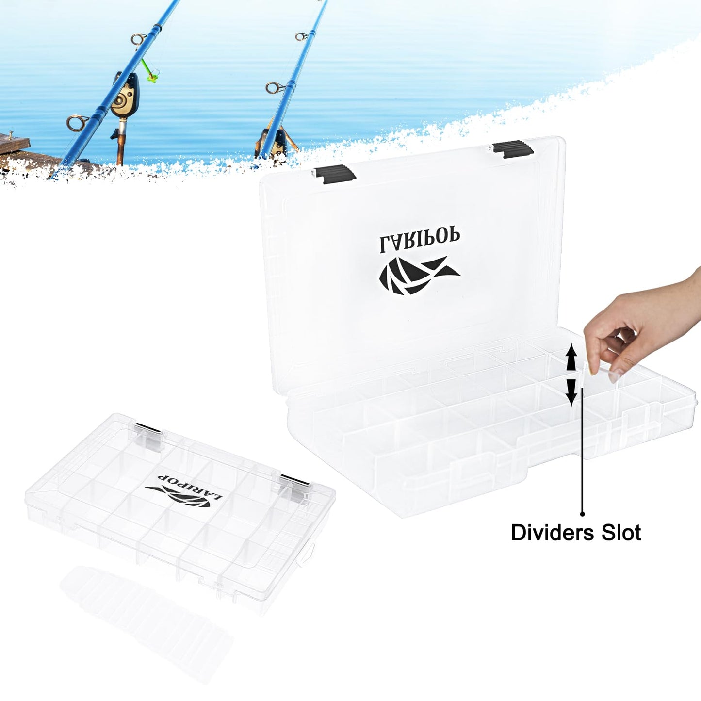LARIPOP Fishing Tackle Box Set with Adjustable Dividers, Transparent Organizer Tray, Plastic Tool Box, Bait Separator -Angler's equipment lure box - 2 Packs /4 Packs Tackle Trays - Parts Box