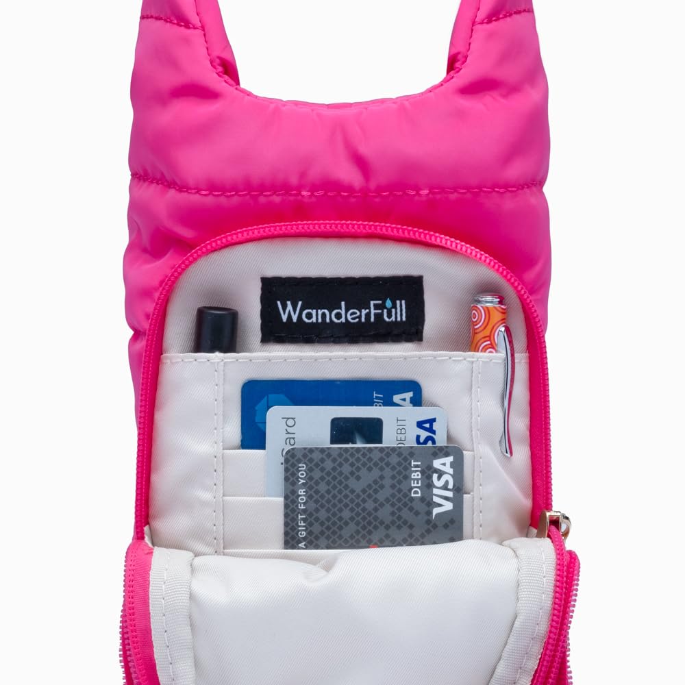 WanderFull Original Crossbody HydroBag | Quilted Water Bottle Carrier | Puffer Tote Tumbler Holder with Pockets for Purse, Phone & Accessories | Carry Travel Essentials (Pink/Patterned Strap)