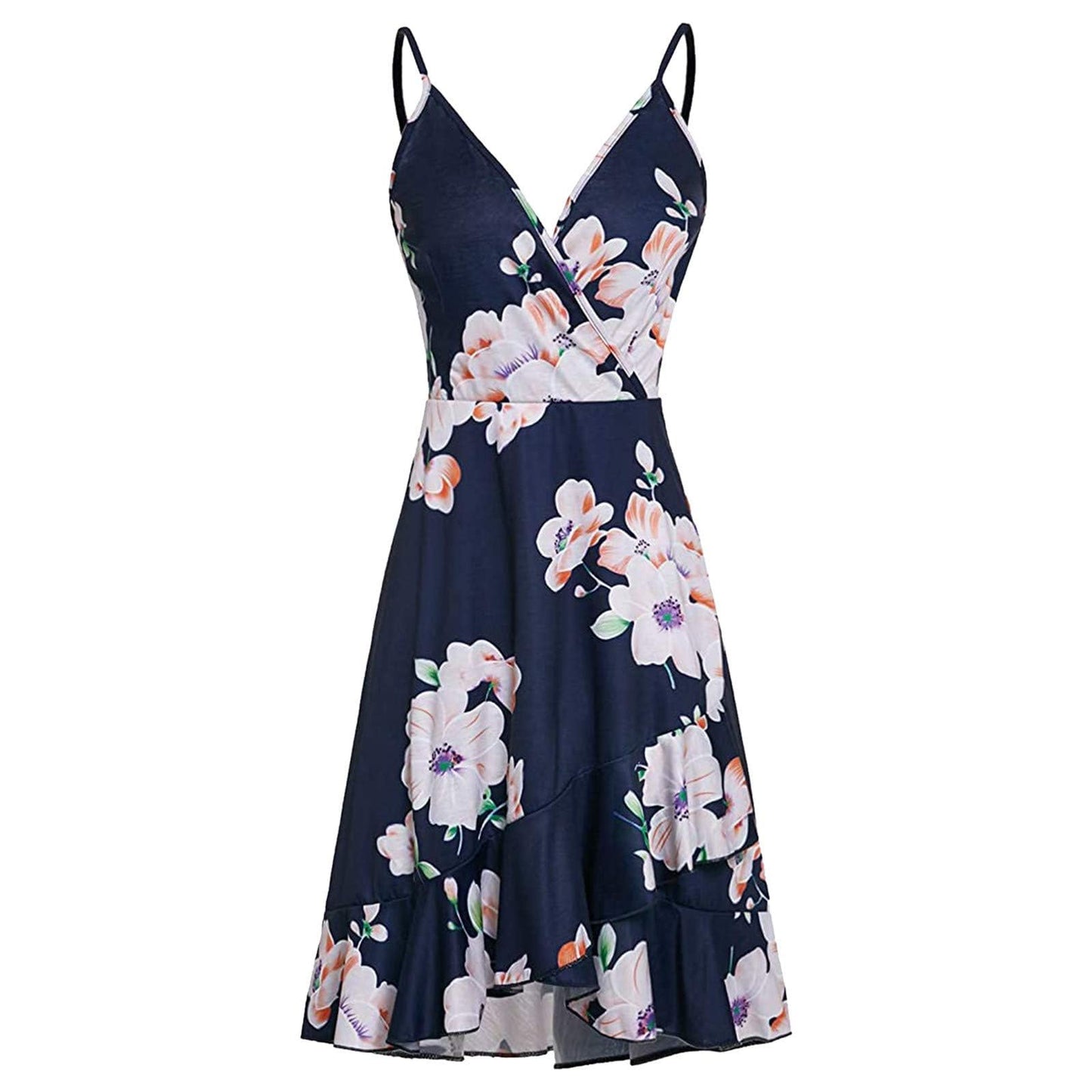 HINDOLA Women's Summer Dresses 2024 Spring Floral V Neck Adjustable Spaghetti Casual Flowy Beach Wrap Dress Sun Dresses B/Blue