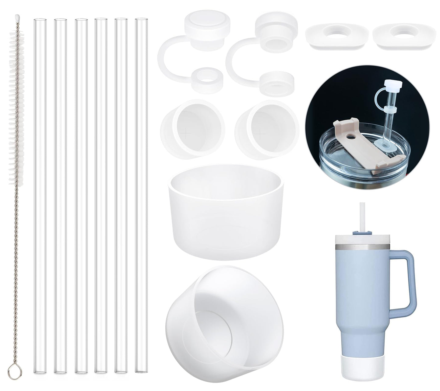 Replacement Straws Silicone Spill Proof Stopper Set and Protective Boot for Stanley H1.0 40oz 30oz Tumbler, Airboat Reusable Clear Straws Leak Proof Straws Topper and Bottom Sleeve for Stanley Mug Cup