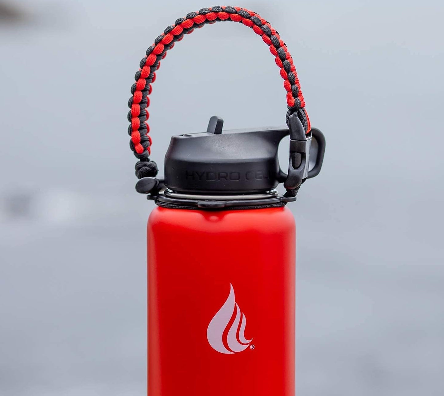 HYDRO CELL Paracord Handle for Wide Mouth Water Bottles - Carrier Strap w/Attachment Ring and Carabiner Accessory. Compatible w/ 64oz, 40oz 32oz, 24oz, 18oz, 14oz Insulated Bottles (Red/Black)