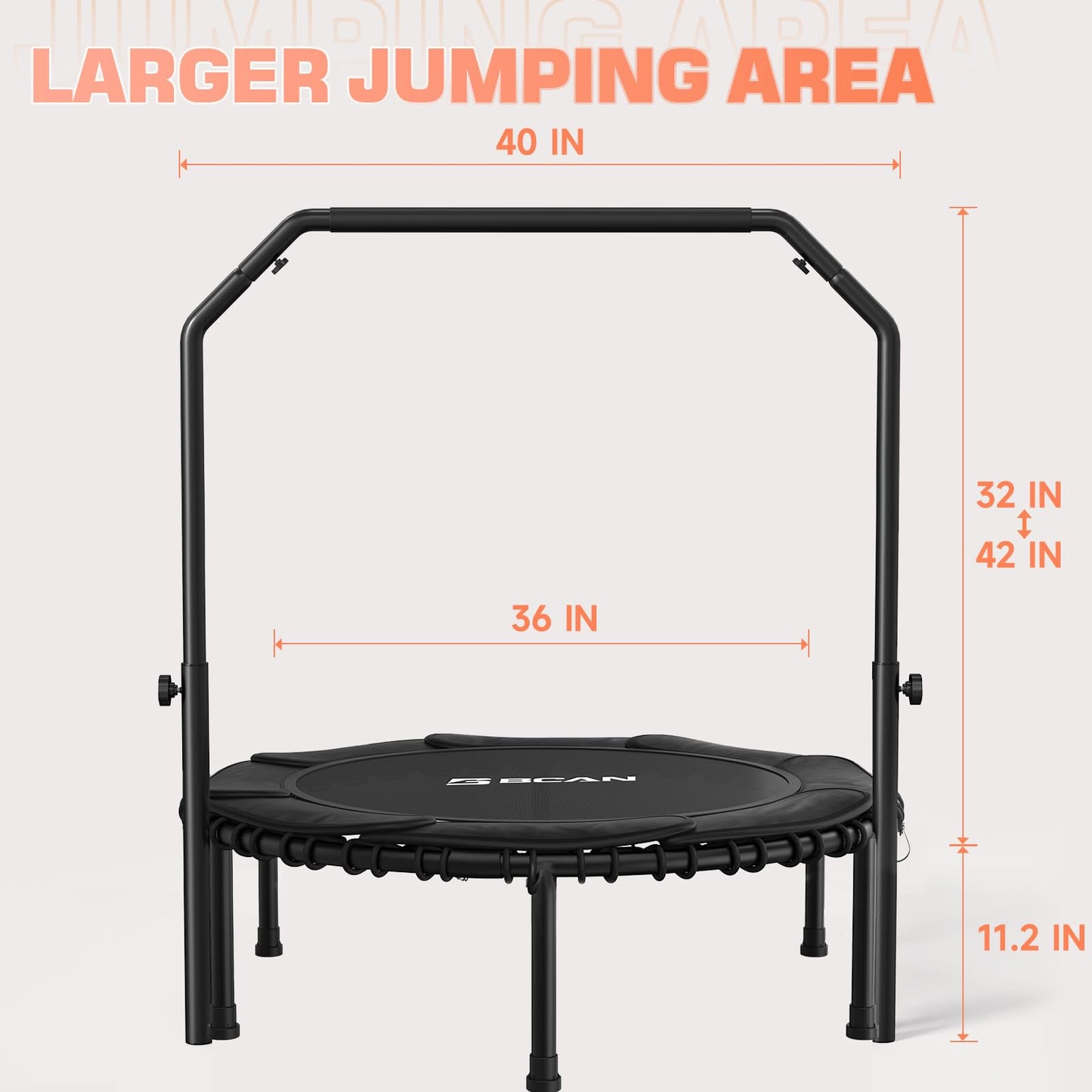 BCAN 450 LBS Foldable Mini Trampoline, 40" Fitness Trampoline with Adjustable Handle Bar, Bungees, Stable & Quiet Exercise Rebounder for Kids Adults Indoor/Garden Workout-Black