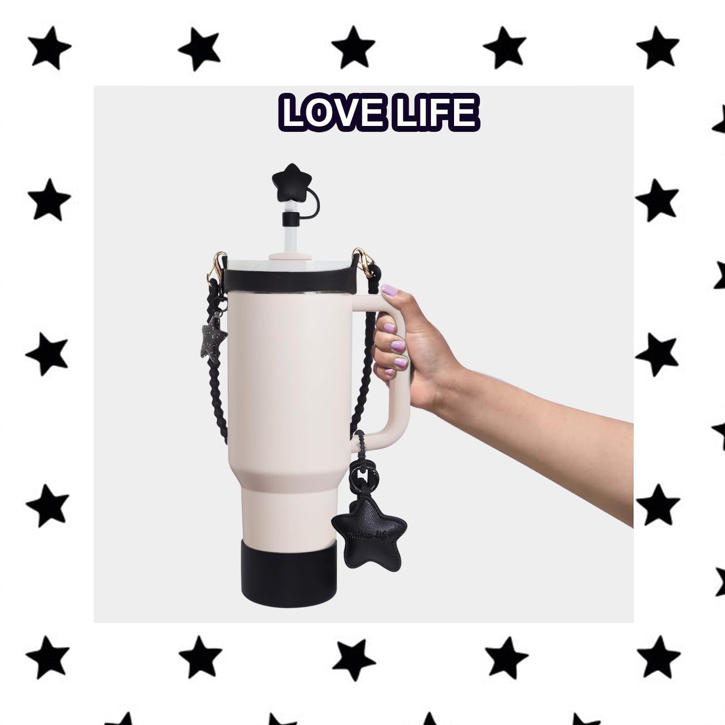 VirgoCCY 5PCS Stanley Cup Accessories Set 30&40 Oz, includes 1pcs 0.4in Straw Covers, 1 Water Bottle Handle Strap, 2 Cute Love Heart Chain Hanging Charms and 1 Silicone Boot, Black Star
