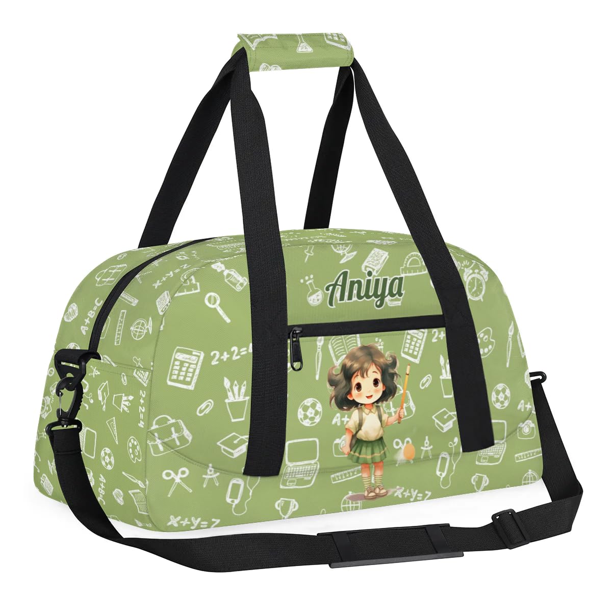 Personalized Gym Bag for Kids Girls, Cartoon Girl Pencil Custom Small Duffel Bag with Padded Handles Carry On Weekend Travel Bag for School Practice Ball Games