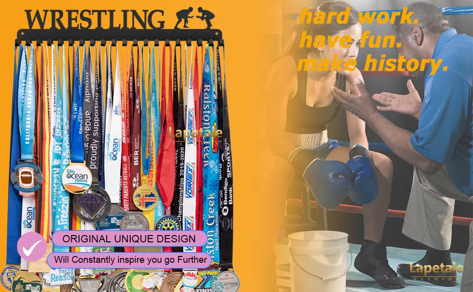 Lapetale Fashion Wrestling Medal Hanger Display Medal Holder Hanger Display Rack Frame with 20PCS Hanging Hooks Upgraded Extension Hooks Easy Install Easy to Use Wrestling Medal Display Rack