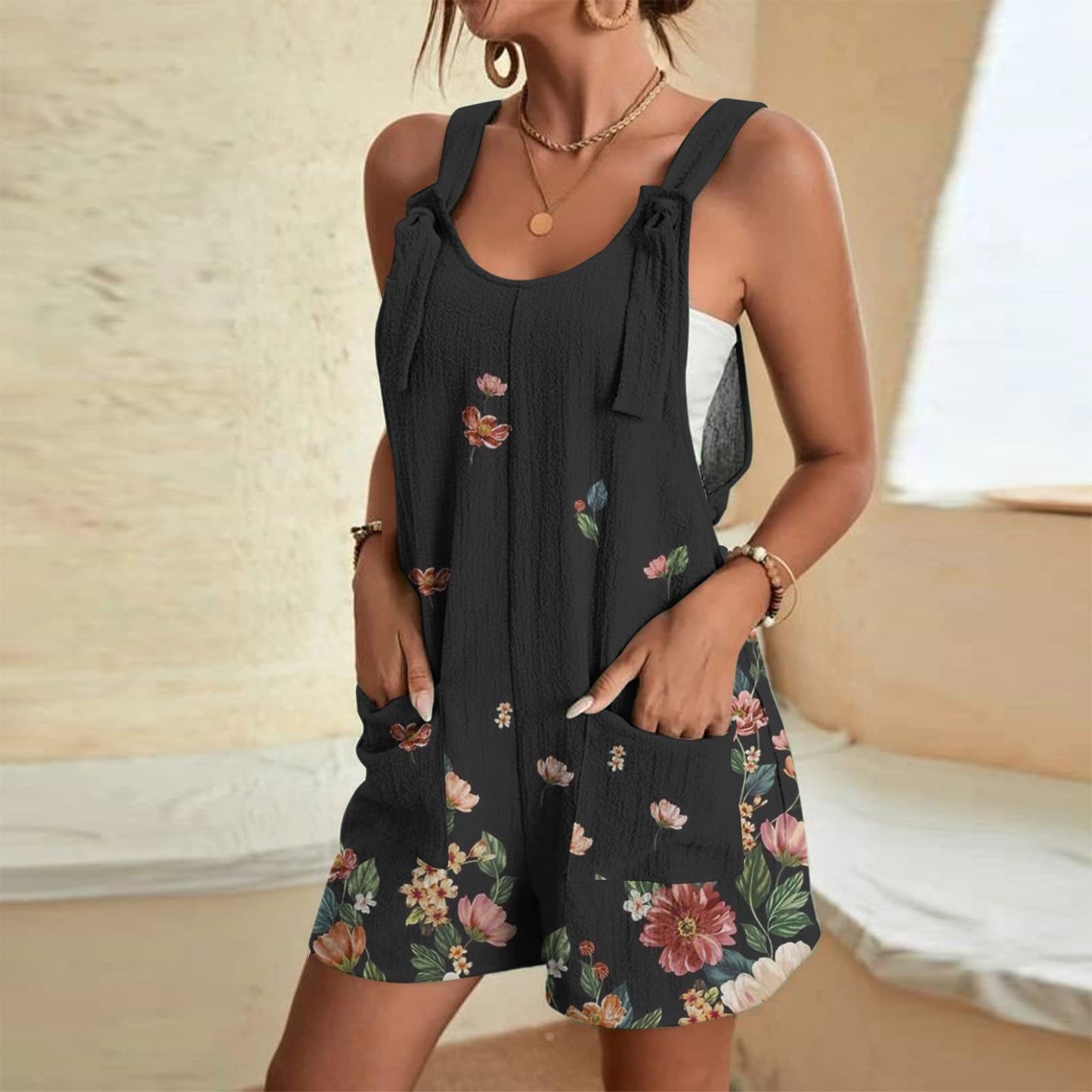 Short Rompers for Women 2024 Adjustable Knot Strap Jumpsuit Loose Fit Plus Size Summer Overalls Shorts with Pockets