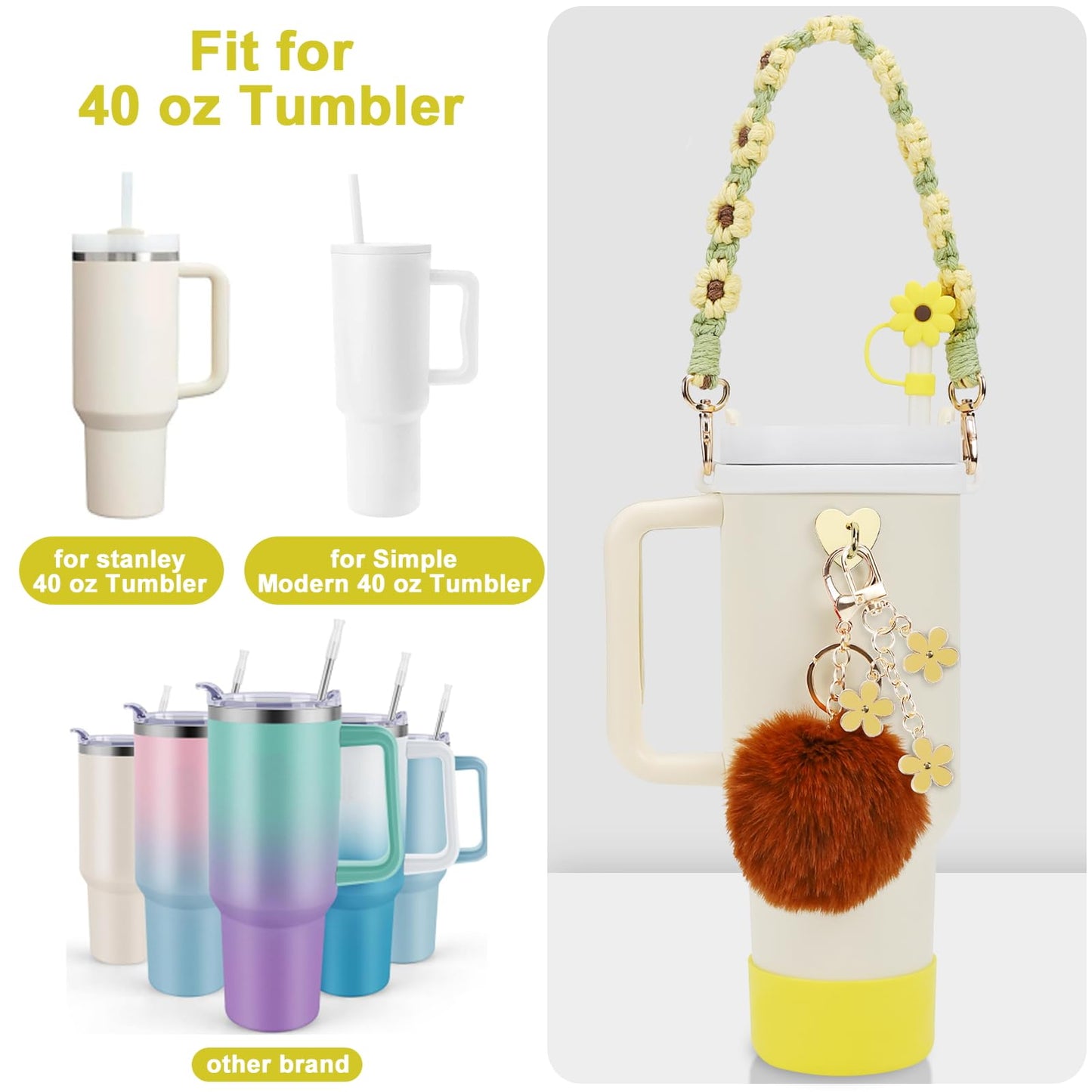 Stanley Cup Accessories Set Including 1 Pcs Water Bottle Handle Strap, 1 Pcs Siliocne Stanley Cup Boot, 1 Pcs Siliocne Straw Cover, 2 Pcs Stanley Charms for Stanley Cup 40oz & 30oz Tumbler