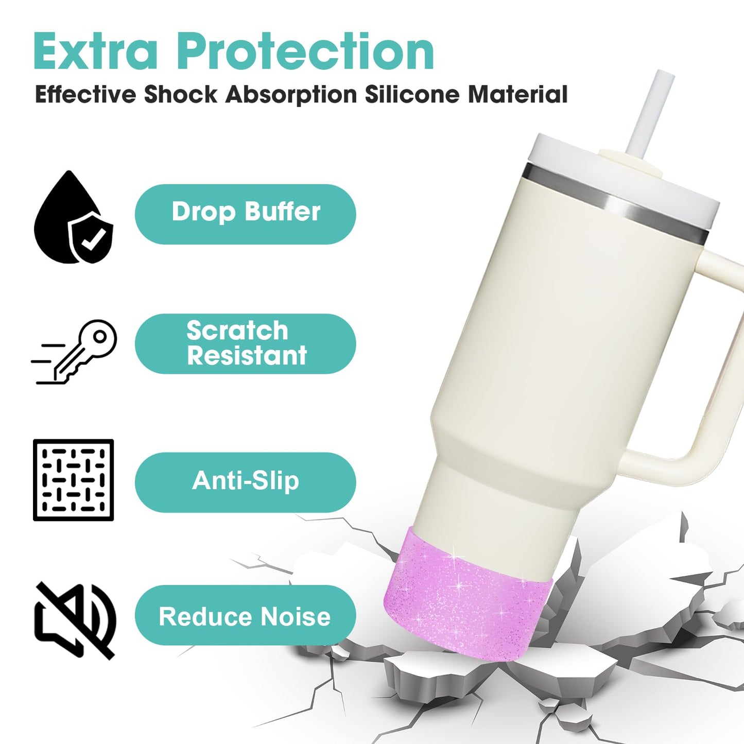 Upgrade 2PCS Protective Silicone Boot Bumper for Stanley Quencher Adventure 40oz 30oz IceFlow 20oz 30oz Tumbler, Water Bottle Bottom Sleeve Cover Accessories for Stanley Mug Cup(Glitter Purple)