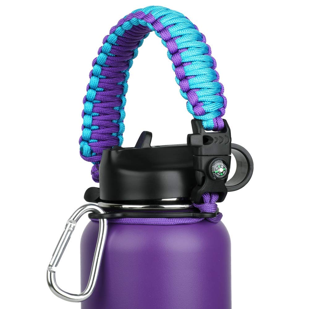 Paracord Handle - Fits Wide Mouth Bottles 12oz to 64oz - Durable Carrier, Paracord Carrier Strap Cord with Safety Ring,Compass and Carabiner - Ideal Water Bottle Handle Strap (Purple Blue Wide)