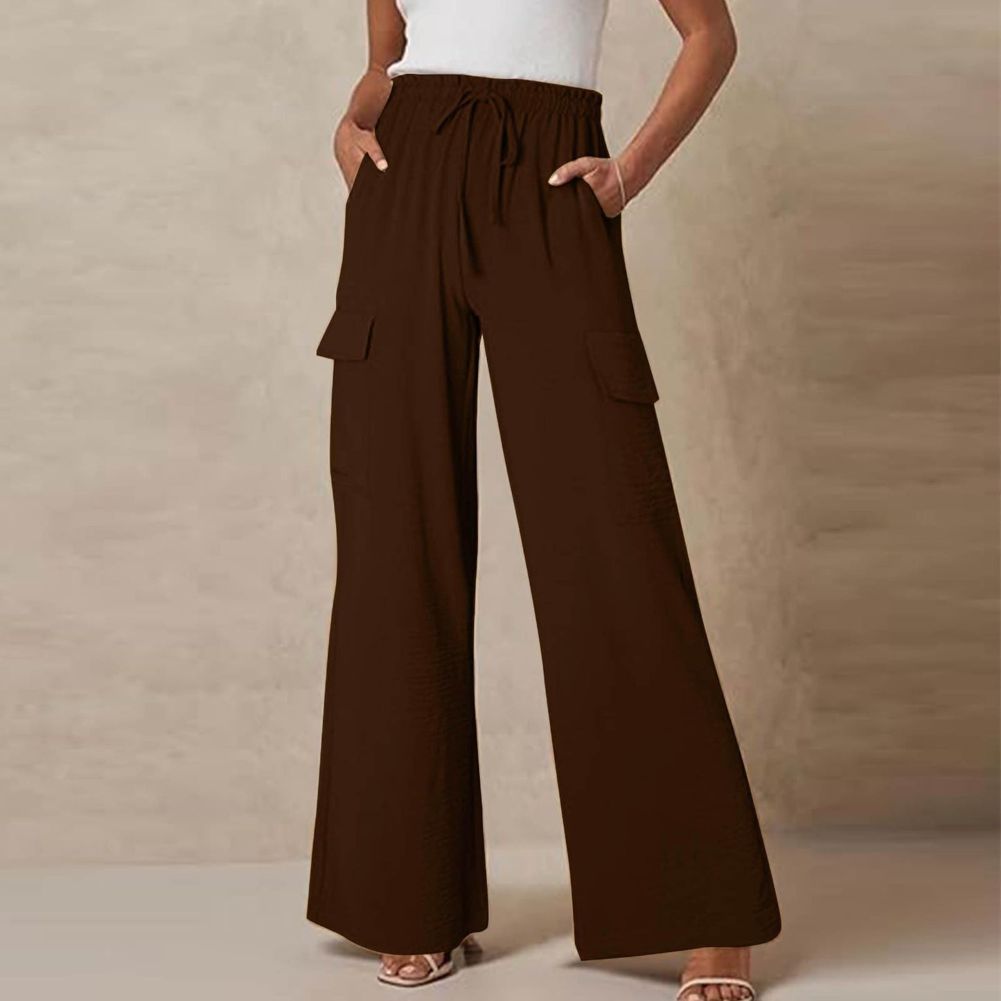 Turilly Women's Pants Baggy Loose Wide Leg Comfy Soft Pants Casual Drawstring Elastic Waisted Work Pants with Side Pockets Brown