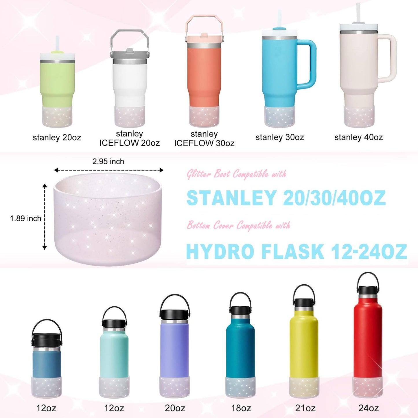 Silicone Boots for Stanley Cup 20-40 OZ, Glitter Boot for Stanley IceFlow 20 30 OZ, Bottom Protector Sleeve for Hydroflask 12-24 OZ Sports Water Bottle Boot Accessories (Clear Light Pink)