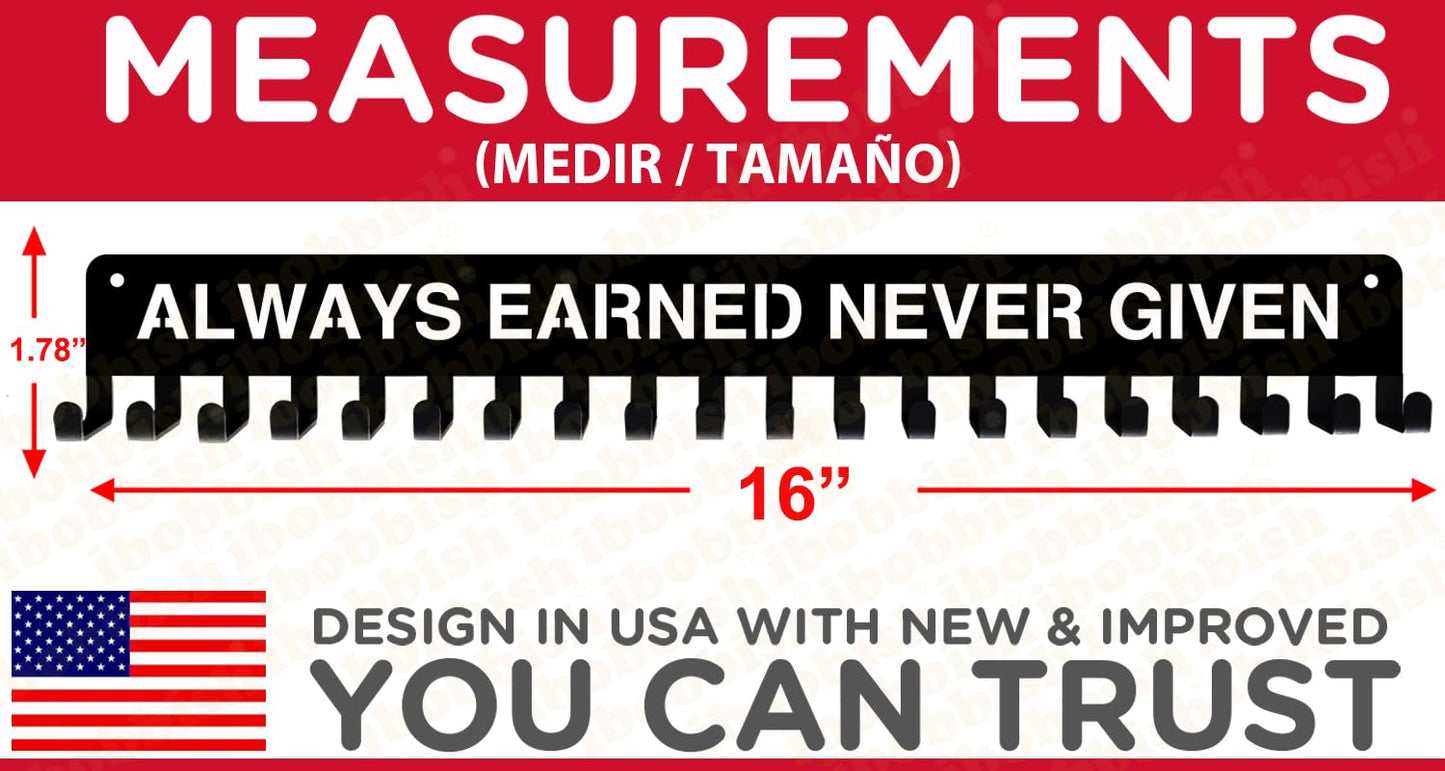 iBobbish Premium Medal Holder Hanger Display for wall ALWAYS EARNED NEVER GIVEN with 20 Hooks,race medal display Upgraded Medal Holder display with Simple Design for gymanstics,race,soccer,swim