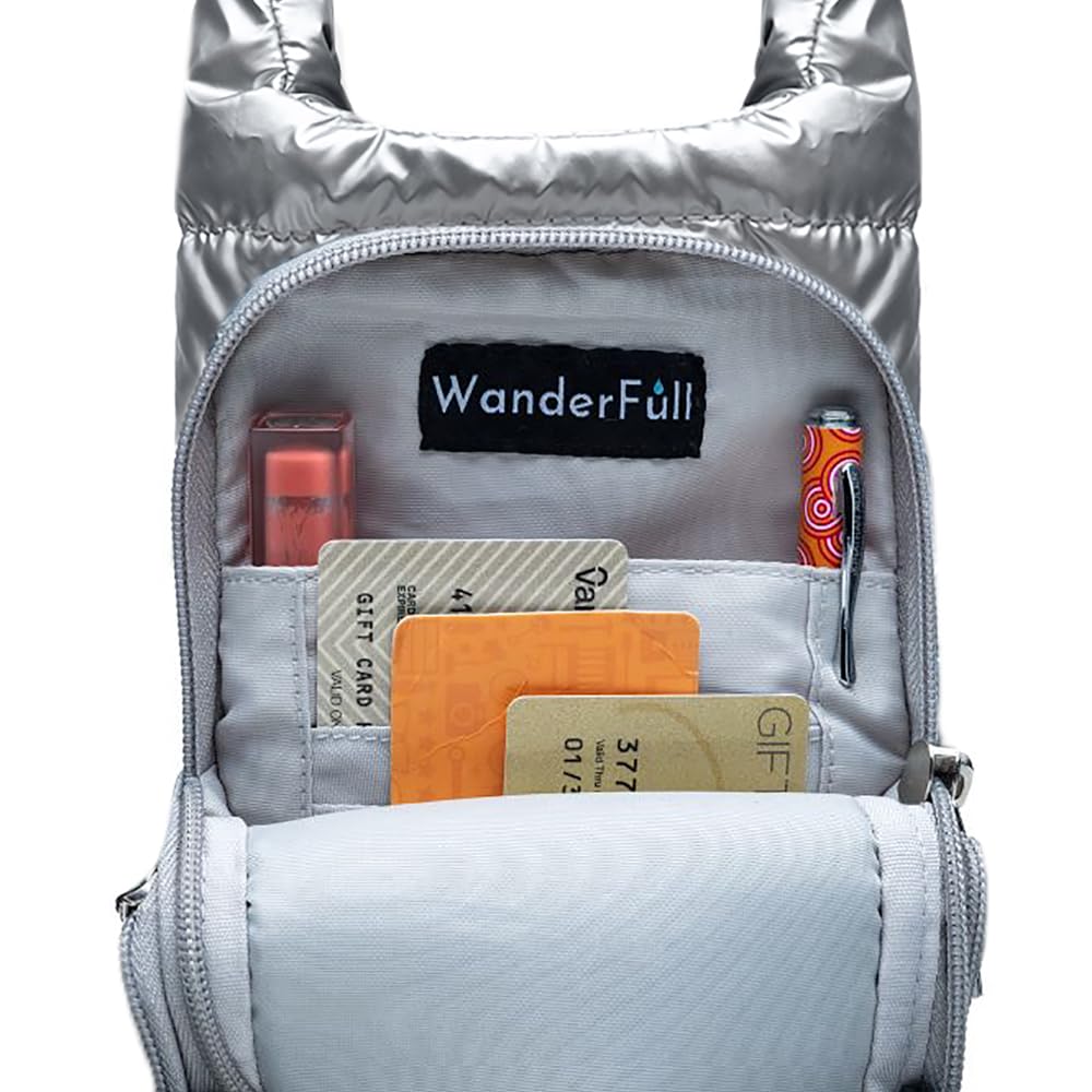 WanderFull Original Crossbody HydroBag | Quilted Water Bottle Carrier | Puffer Tote Tumbler Holder w/Pockets for Phone & Accessories | Carry Travel Essentials (Silver Metallic/Interchangeable Strap)