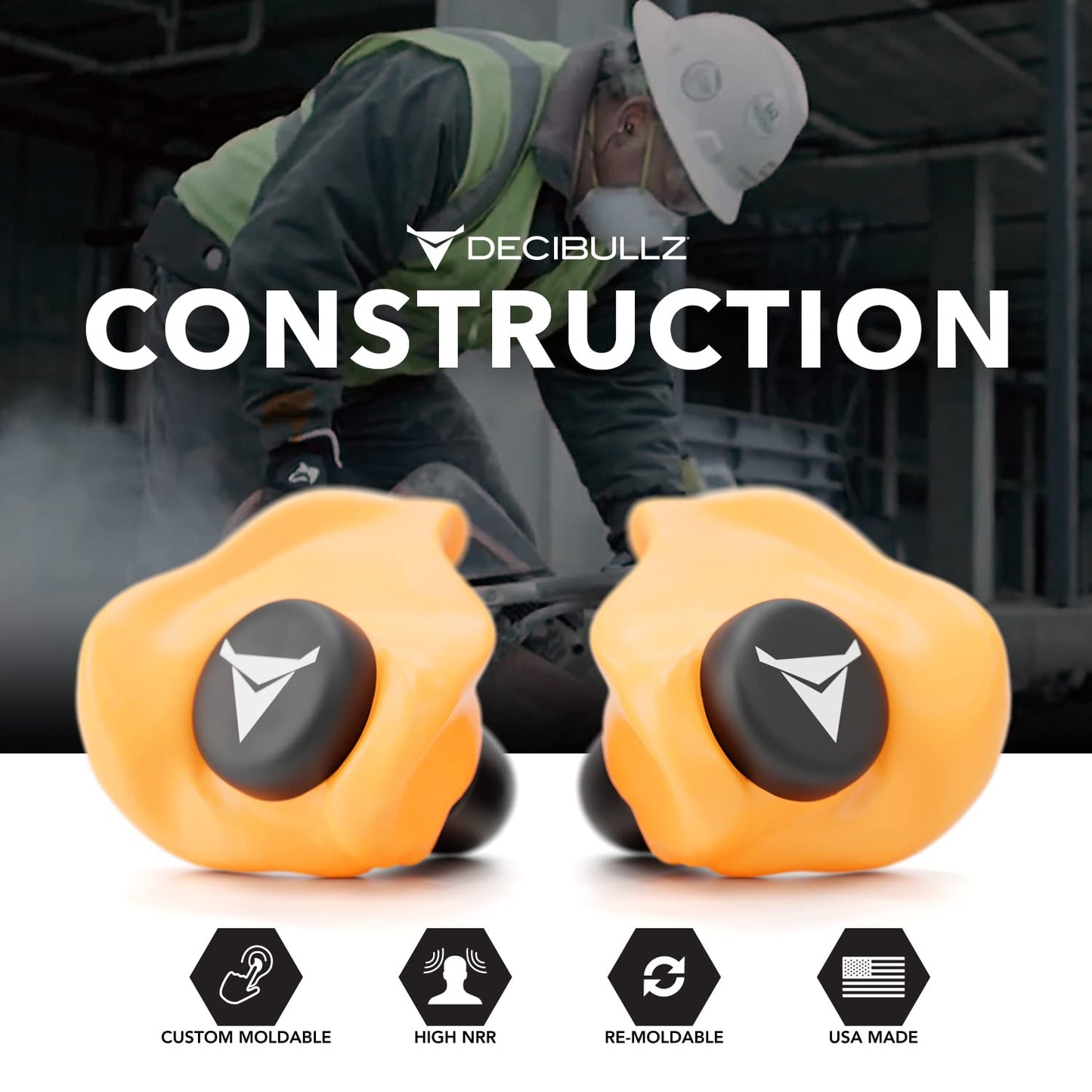 Decibullz - Custom Molded Earplugs, 31dB Highest NRR, Comfortable Hearing Protection for Shooting, Travel, Swimming, Work and Concerts (Orange)