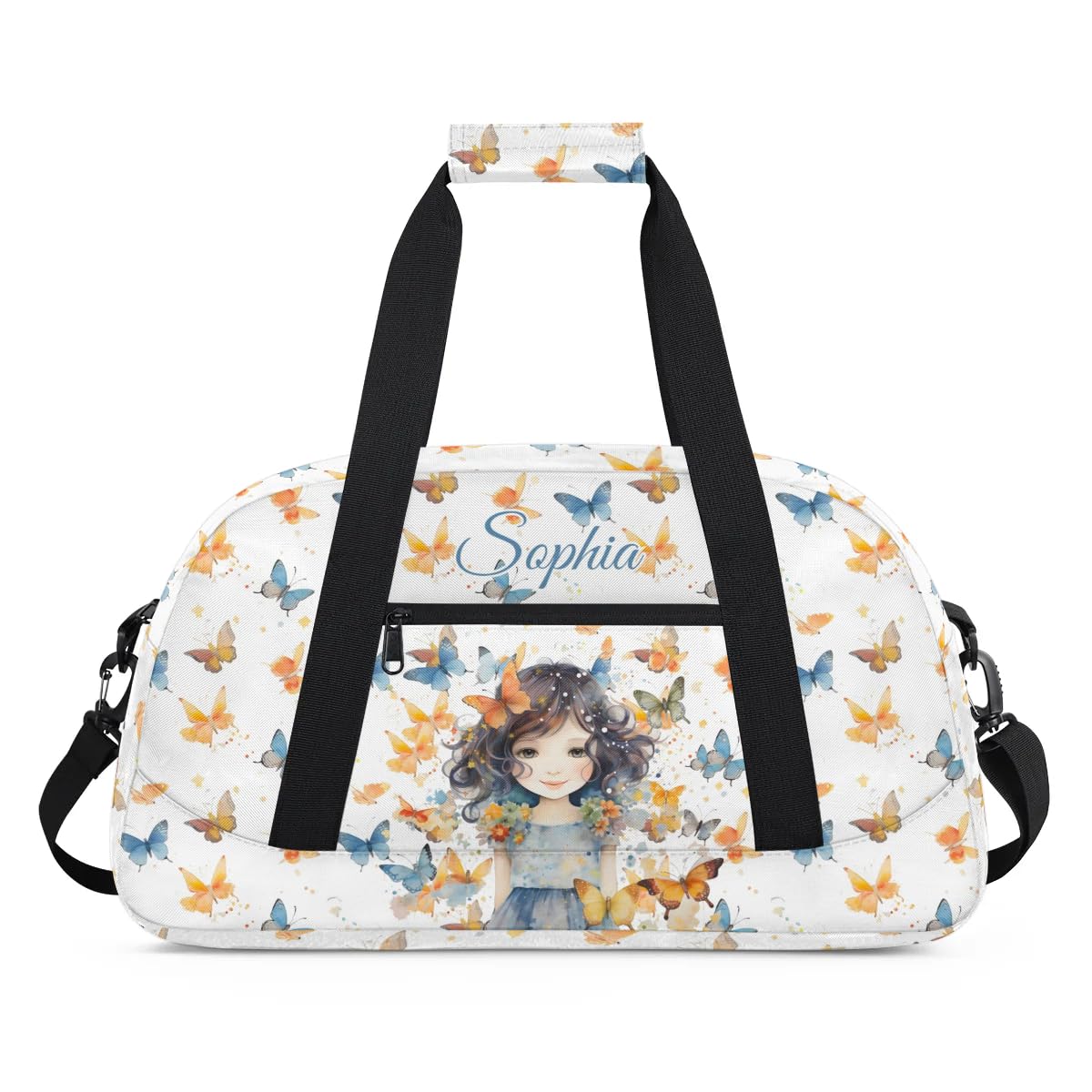 Personalized Gym Bag for Kids Girls, Butterfly Girl Custom Small Duffel Bag with Padded Handles Carry On Weekend Travel Bag for School Practice Ball Games
