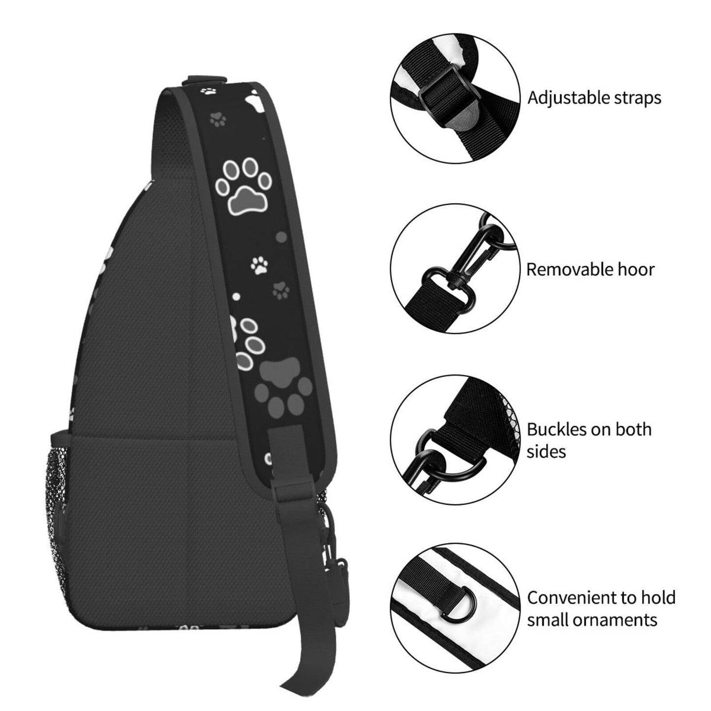 NISENASU Paw Print Sling Bag Crossbody Backpack,Dog Paw Print and Star on Black Background Chest Bag Adjustable Casual Shoulder Backpack Cute Animal Footprint Travel Hiking Daypack