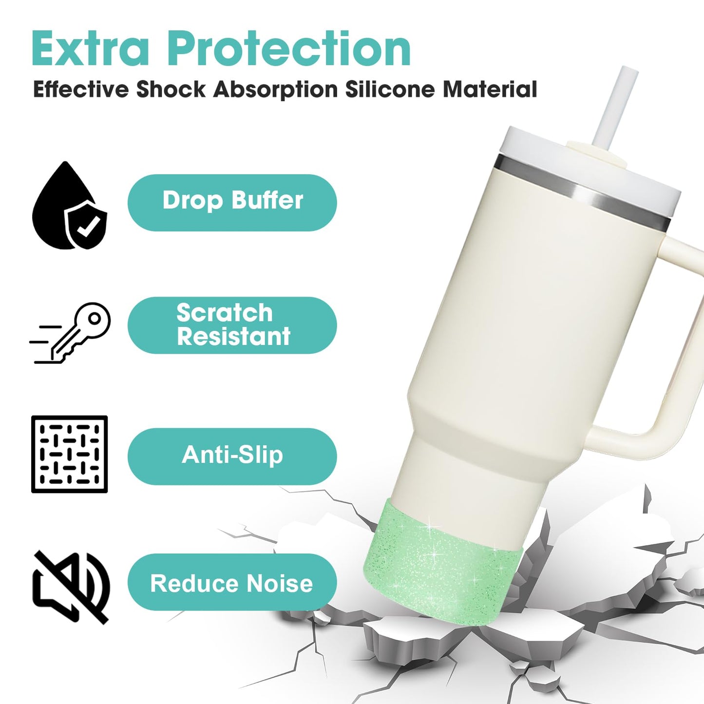 Upgrade 2PCS Protective Silicone Boot Bumper for Stanley Quencher Adventure 40oz 30oz IceFlow 20oz 30oz Tumbler, Water Bottle Bottom Sleeve Cover Accessories for Stanley Mug Cup(Glitter Green)