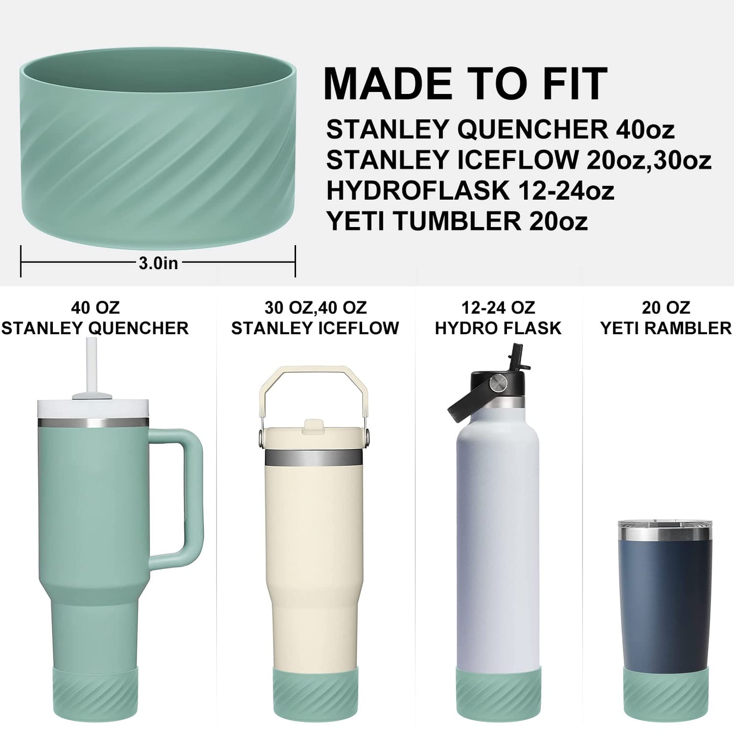 Affute Protective Silicone Boot for Stanley Quencher H2.0 40 oz & IceFlow Flip 20 oz 30 oz and hydroflask 12-24 oz, Anti-Slip Bottle Bottom Sleeve Cover (Eucalyptus)