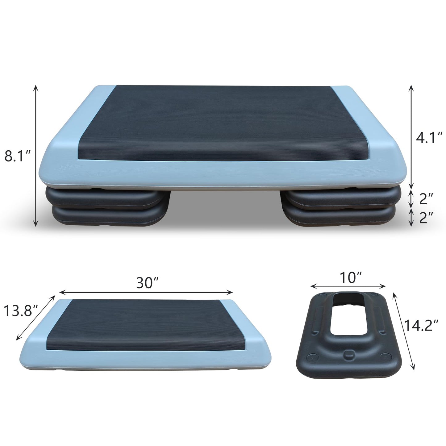 SculPong Aerobic Step Platform Height Adjustable Workout Step 4" - 6" - 8" for Fitness Strength Training with 4 Risers Gray