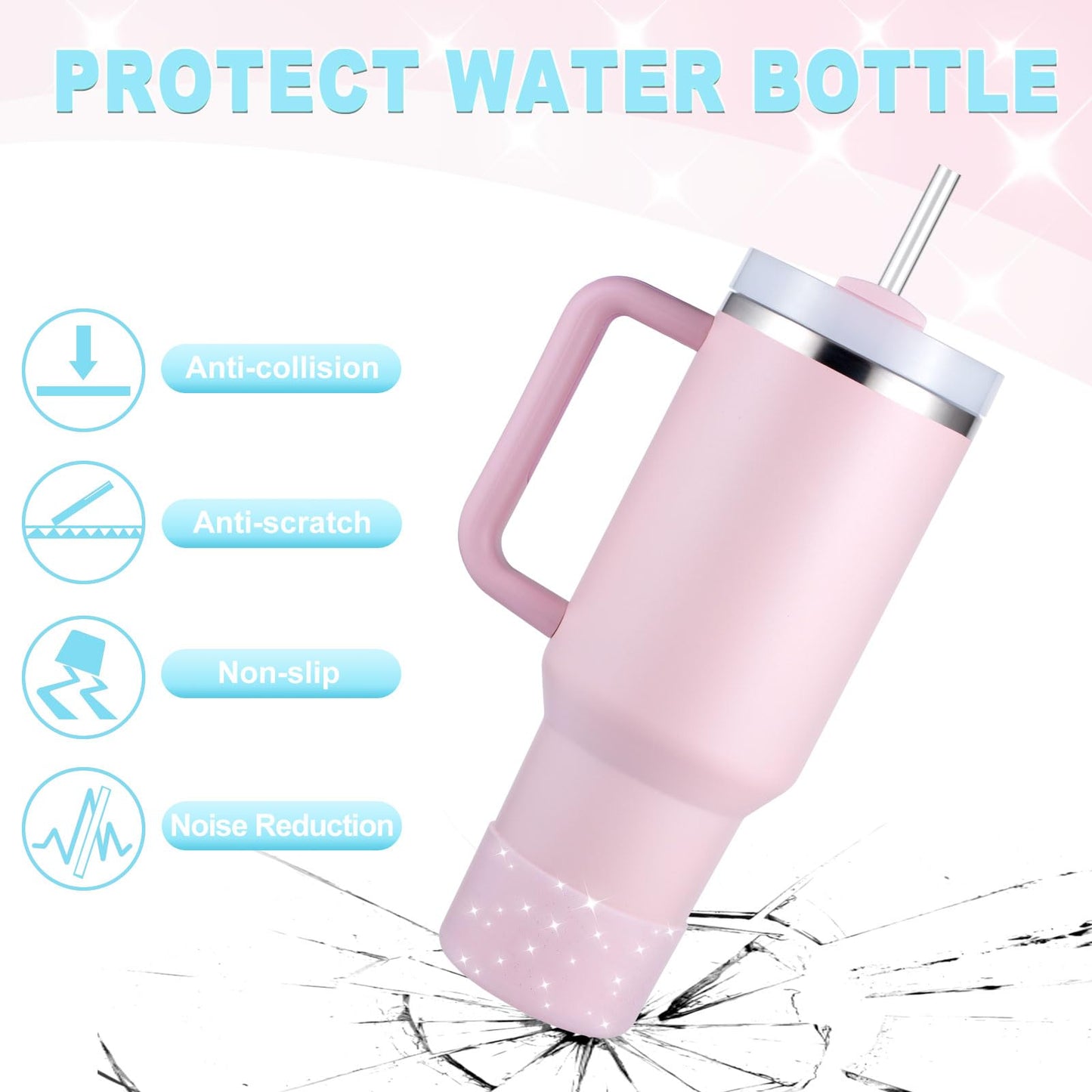 Silicone Boots for Stanley Cup 20-40 OZ, Glitter Boot for Stanley IceFlow 20 30 OZ, Bottom Protector Sleeve for Hydroflask 12-24 OZ Sports Water Bottle Boot Accessories (Clear Light Pink)