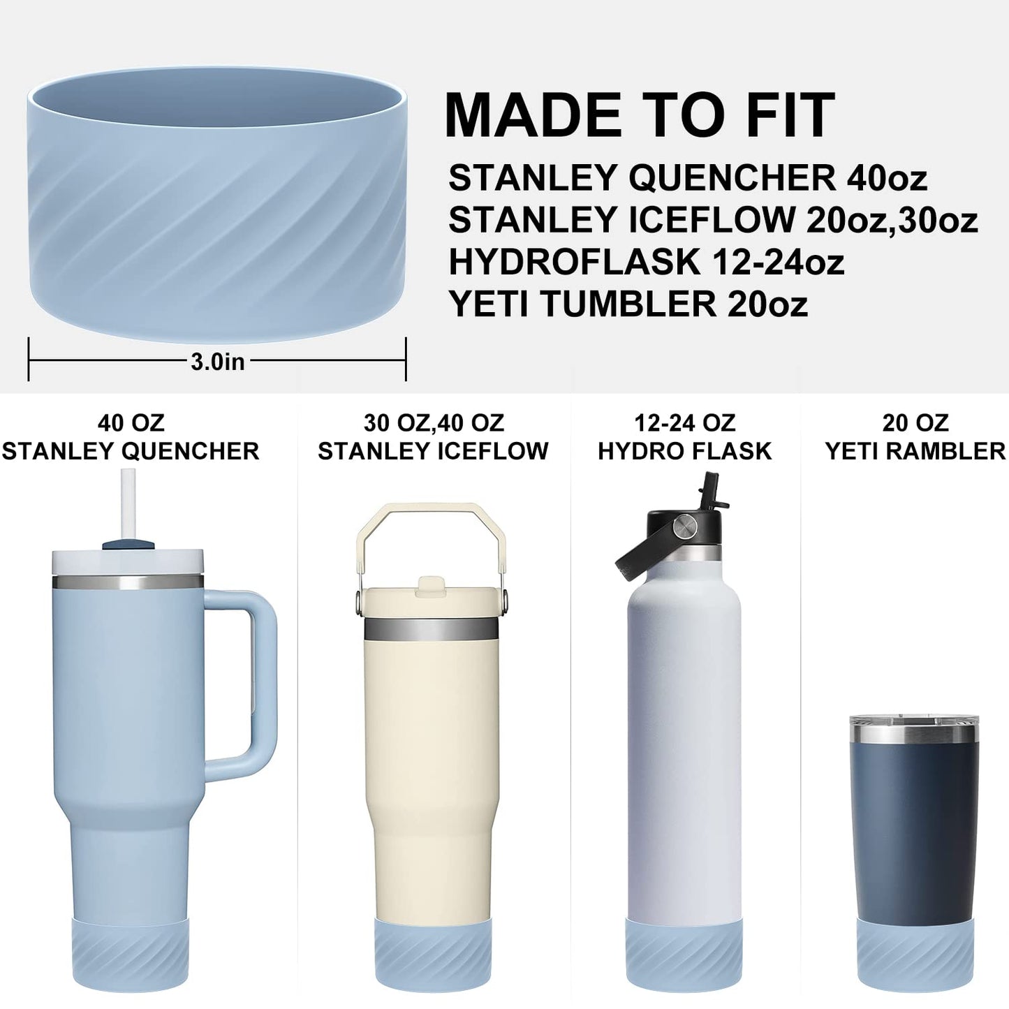 Affute Protective Silicone Boot for Stanley Quencher H2.0 40 oz & IceFlow Flip 20 oz 30 oz and hydroflask 12-24 oz, Anti-Slip Bottle Bottom Sleeve Cover (Chambray)
