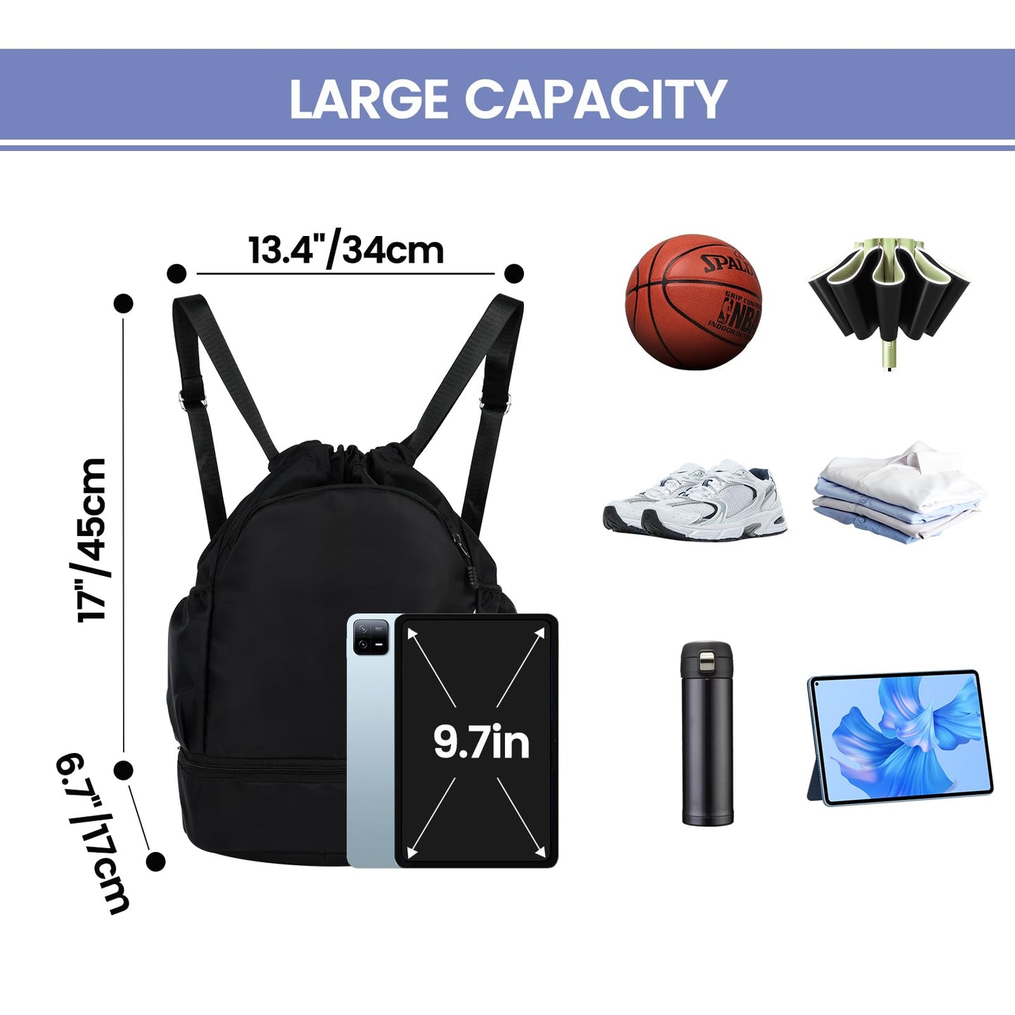 WUHFFA Drawstring Backpack Sports Gym Bag with Shoe Compartment Water Resistant Cinch String Bag for Women Men Soccer Travel (Black)