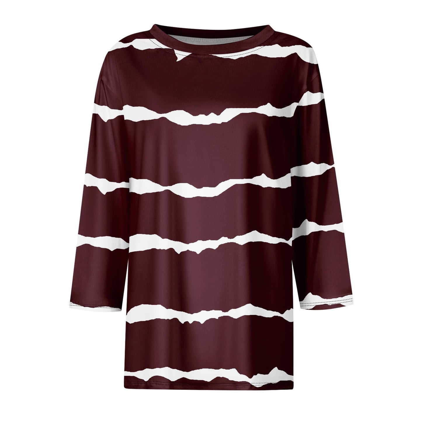 Tshirts Shirts for Women Crewneck 3/4 Sleeve Business Casual Tops for Women Striped Print Tees Summer Blouses Going Out Tops Wine M