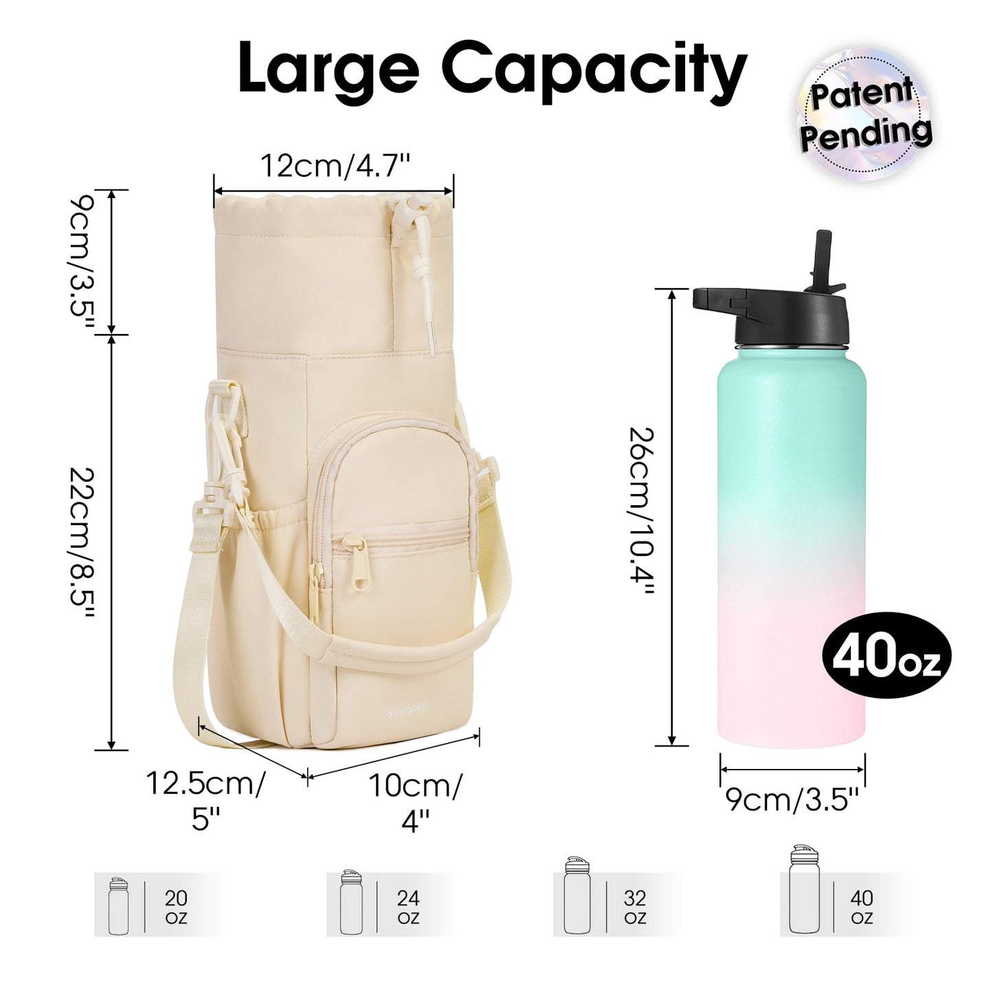 sportsnew Water Bottle Holder with Strap 32oz 40oz Insulated Water Bottle Carrier Sling Bag with Phone Pocket Water Bottle Sleeve for Walking Hiking, Beige, Patent Pending