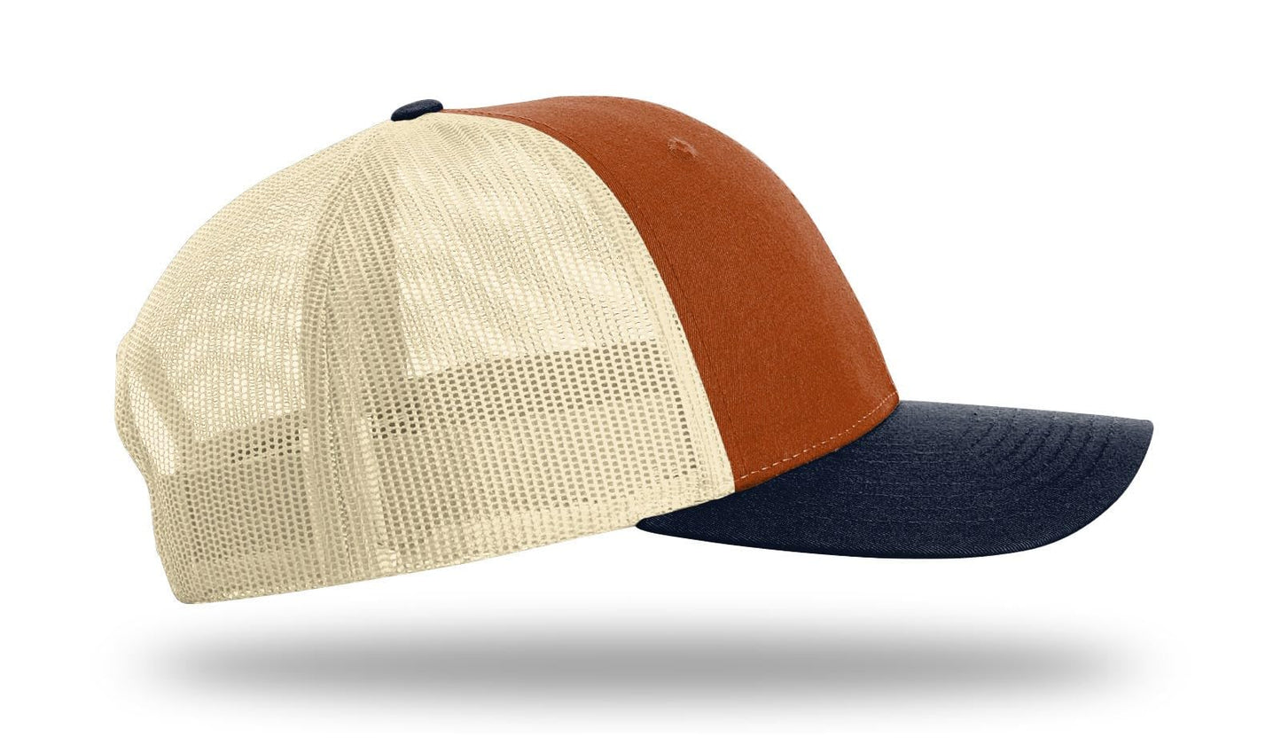 Richardson 115 Low Profile Trucker Hat Snapback Cap Adjustable Baseball Hat Blank Hat Bulk Hats - Dark Orange/Birch/Blue