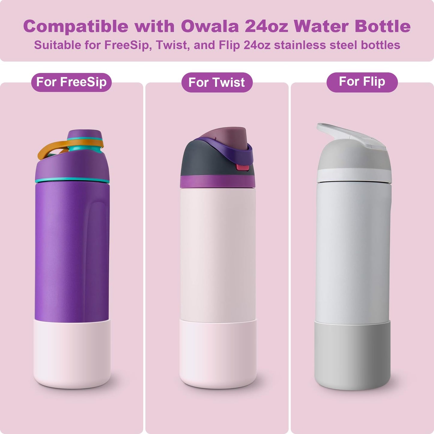 2PCS Silicone Water Bottle Boot for Owala 24 Oz, Alwenid Anti-Slip Protective Sleeve Bottom Bumper Protector for FreeSip, Twist, and Flip Stainless Steel Water Bottles (Pink)