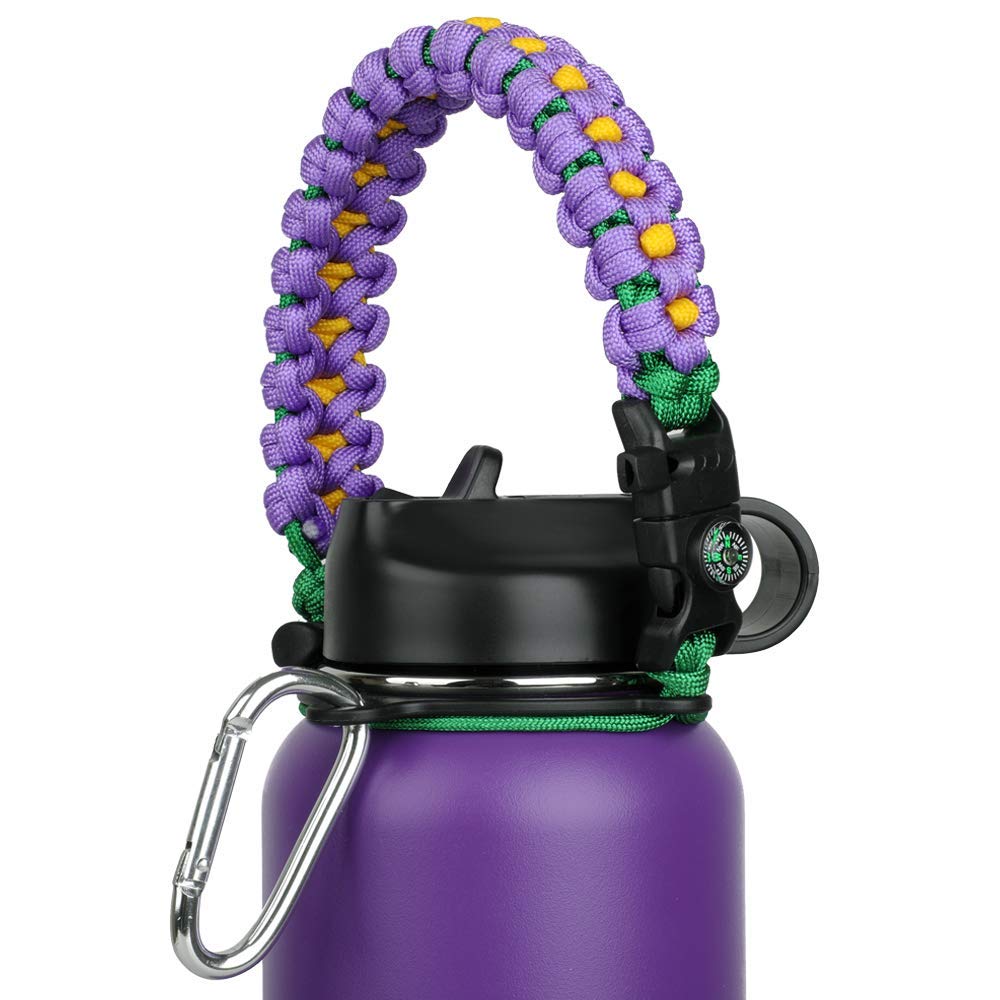 Paracord Handle - Fits Wide Mouth Bottles 12oz to 64oz - Durable Carrier, Paracord Carrier Strap Cord with Safety Ring,Compass and Carabiner - Ideal Water Bottle Handle Strap (Purple Orchid)