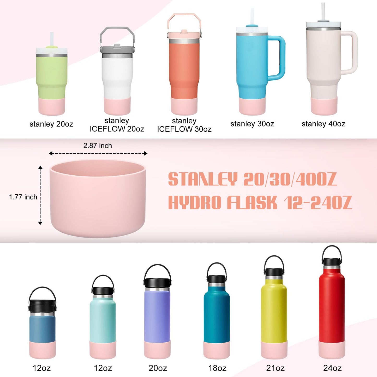 Boot for Hydro Flask 12-24OZ Water Bottle/Stanley Tumbler 40OZ, Bottom Boots for Hydroflask Sports Water Bottles, Silicone Bottom Cover Sleeve (Pink Dusk, Fits Stanley Cups + Hydro 12-24 oz)