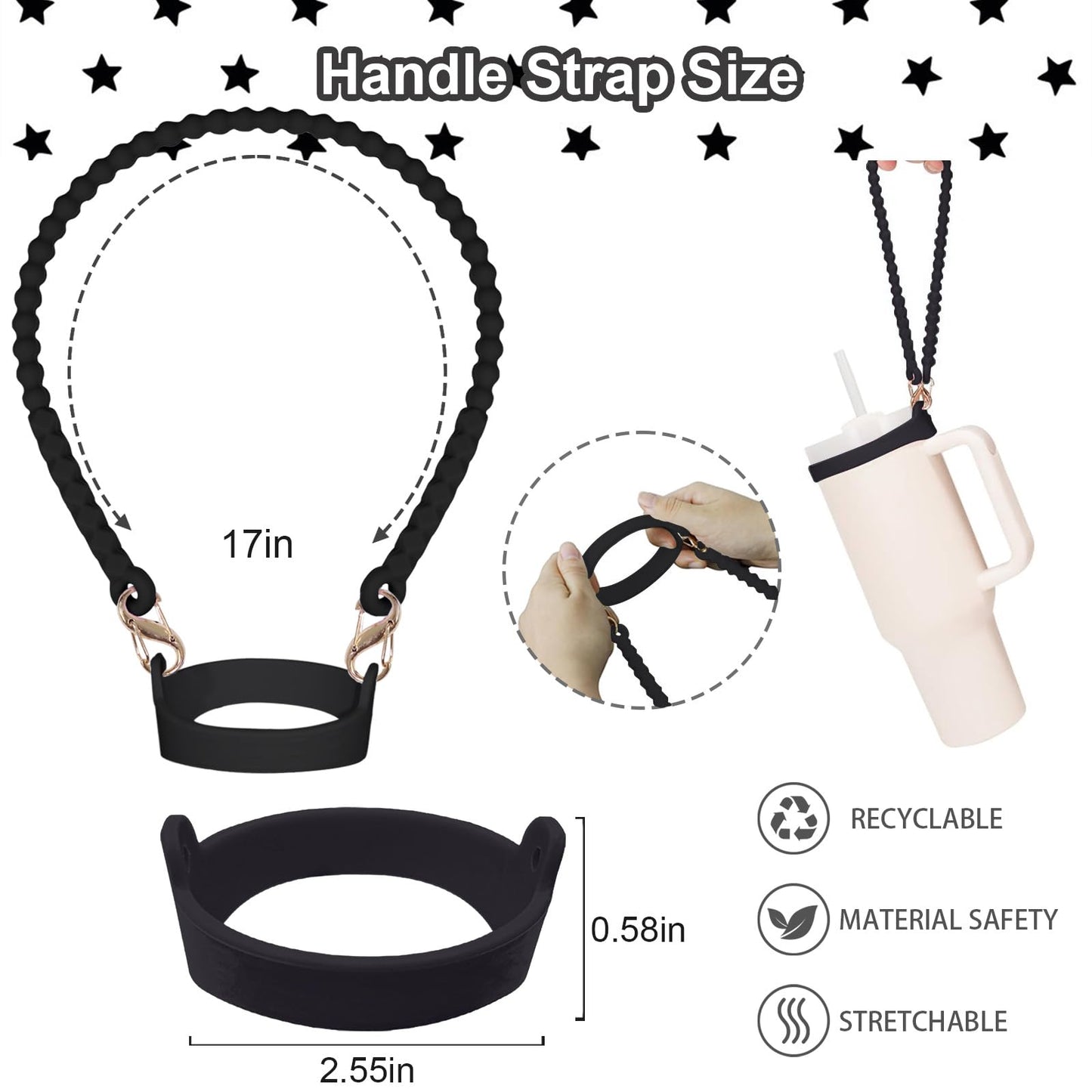 VirgoCCY 5PCS Stanley Cup Accessories Set 30&40 Oz, includes 1pcs 0.4in Straw Covers, 1 Water Bottle Handle Strap, 2 Cute Love Heart Chain Hanging Charms and 1 Silicone Boot, Black Star