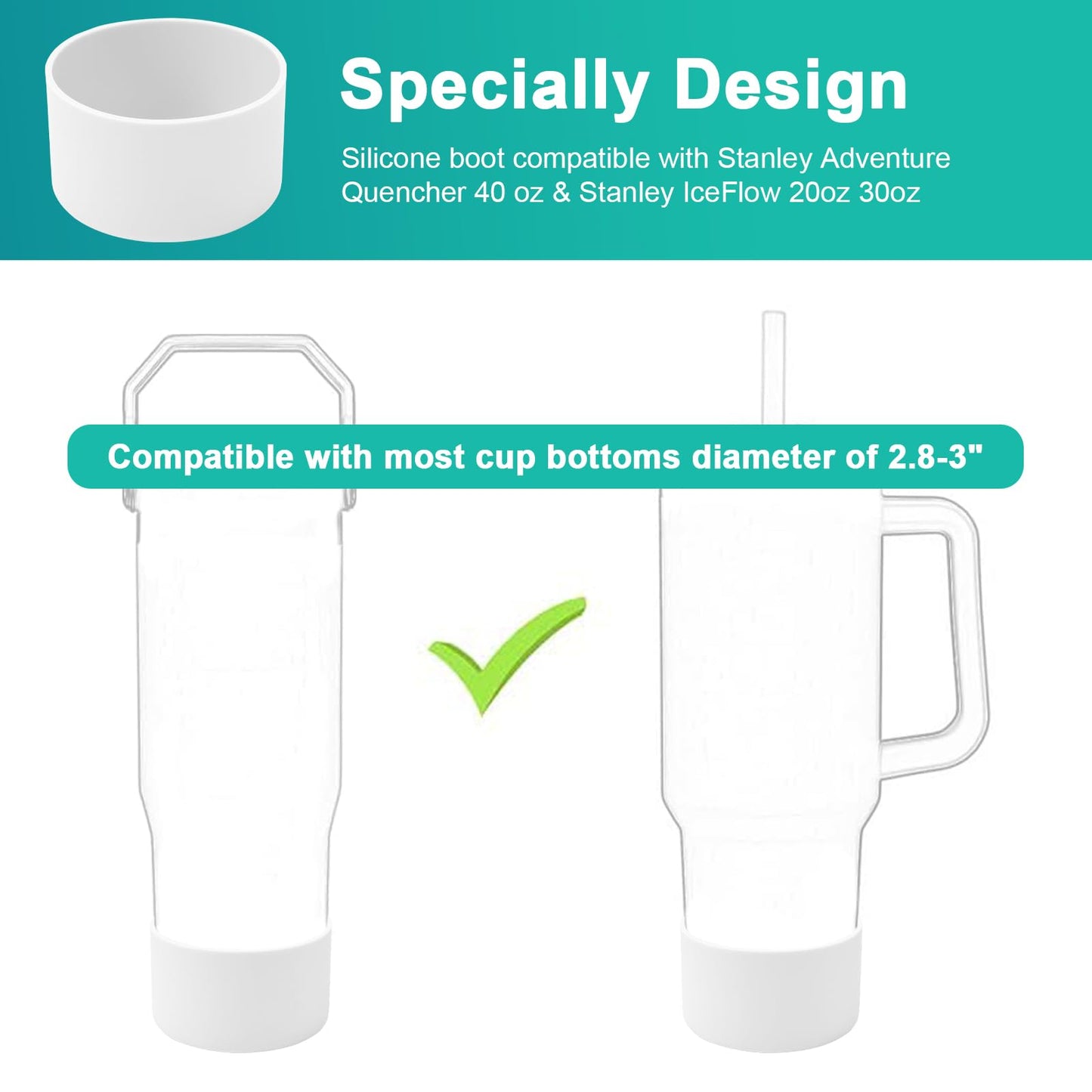 4Pack Silicone Tumbler Boot for Stanley 40oz Quencher Adventure &Stanley IceFlow 30oz 20oz &Hydro Flask 12-40oz, Protective Cup Bottom Sleeve Cover Compatible with Stanley Cup Accessories (White)