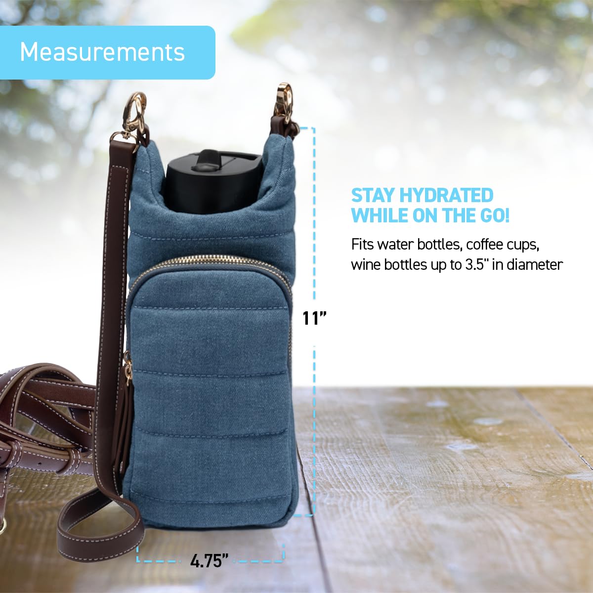 WanderFull Original Crossbody HydroBag | Quilted Water Bottle Carrier & Adjustable Vegan Leather Strap | Denim Tote with Two Pockets for Phone & Accessories | Carry Travel Essentials (Blue)