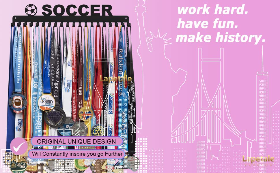 Lapetale Fashion Soccer Medal Hanger Display Medal Holder Hanger Display Rack,Easy Install Easy to Use,Soccer Medal Display Rack, Soccer Medal Hanger with 20PCS Hanging Hooks Upgraded Extension Hooks