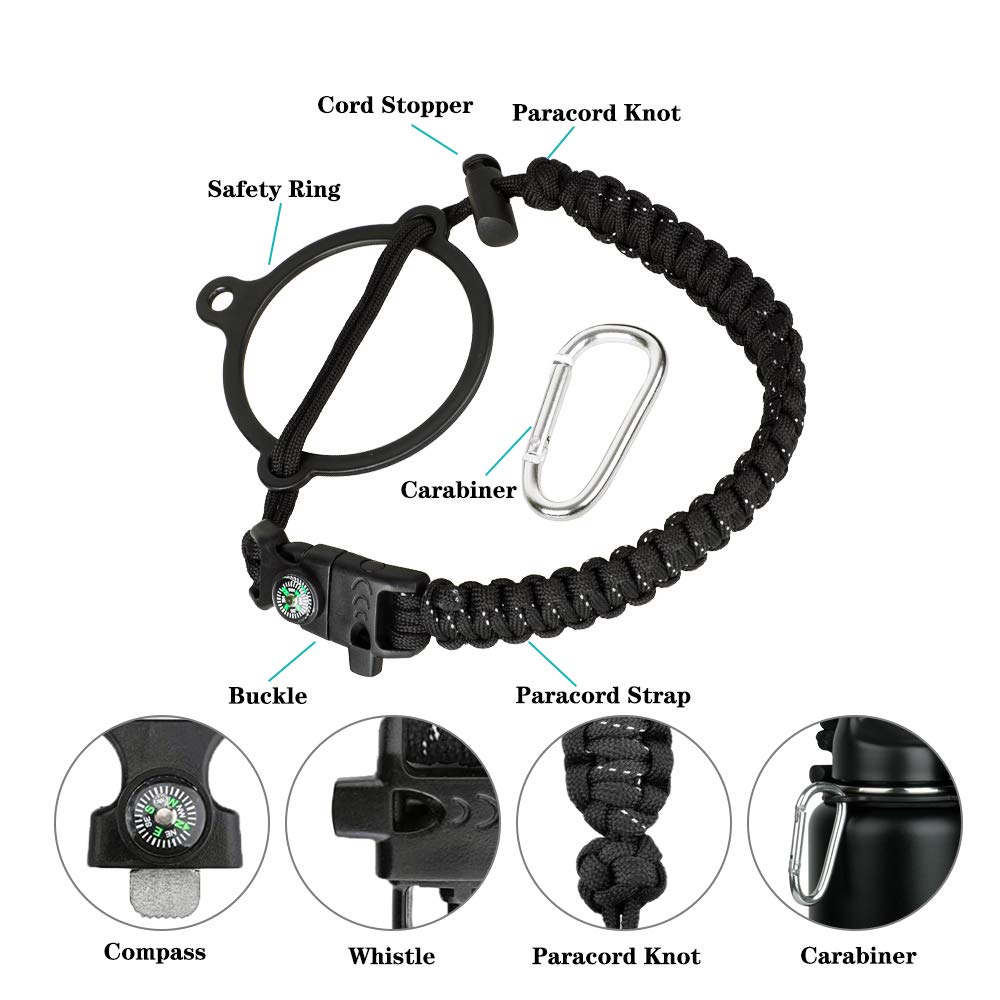 WEREWOLVES Paracord Handle - Fits Wide Mouth Bottles 12oz to 64oz - Durable Carrier, Paracord Carrier Strap Cord with Safety Ring,Compass and Carabiner - Ideal Water Bottle Handle Strap (Black/Red)