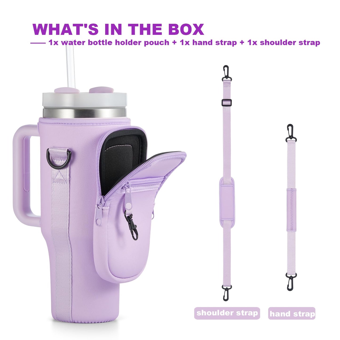 BULKITEM 30oz Water Bottle Carrier Bag with Phone Pocket for Purple Stanley 30 oz Tumbler with Handle, Purple Insulated Neoprene Cup Holder Pouch Strap for Orchid Stanley Cup Accessories