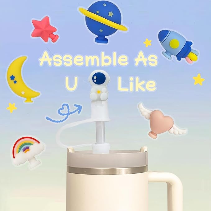 Straw Cover for Stanley Cup for Simple Moder 40 oz Trek, 10mm Silicone Straw Cap with 7Pcs Detachable Cute Charms, Dust Proof Topper Accessories for 0.4inch/10mm Straw Sky Adventurer