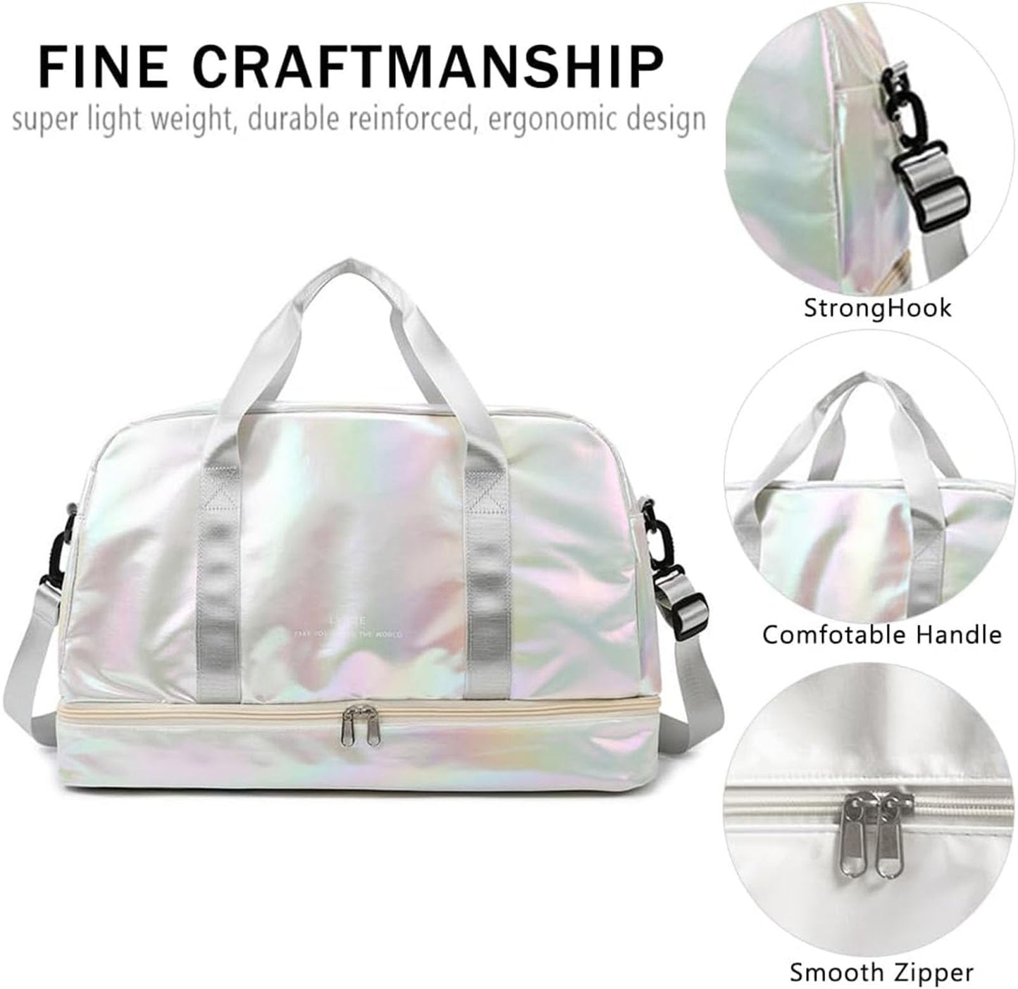 Gym yoga Bag Dry Wet Separated,Sports Travel Duffel Bag,Weekender Overnight Carry On Bag with Shoes Compartment Wet Pocket Women Travel Foldable Bag (fluorescent white)