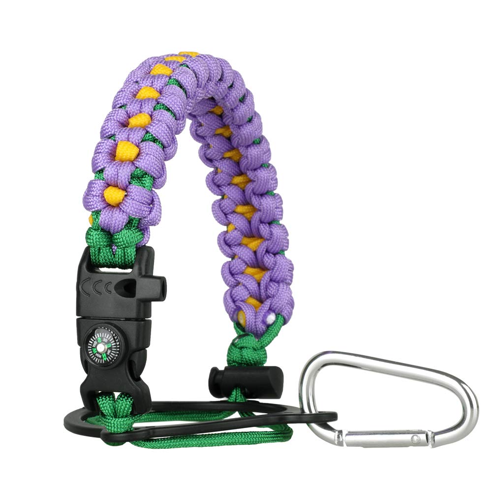 Paracord Handle - Fits Wide Mouth Bottles 12oz to 64oz - Durable Carrier, Paracord Carrier Strap Cord with Safety Ring,Compass and Carabiner - Ideal Water Bottle Handle Strap (Purple Orchid)