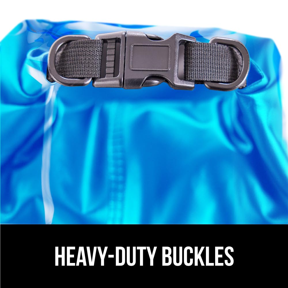 Gorilla Gear Heavy Duty 100% Waterproof IPX 6 Dry Bag, Tear and Puncture Resistant Bags, Kayaking Boating Hiking Camping Swimming Water Sports, Lightweight Outdoor Wet Storage Backpack, 5L Clear Blue