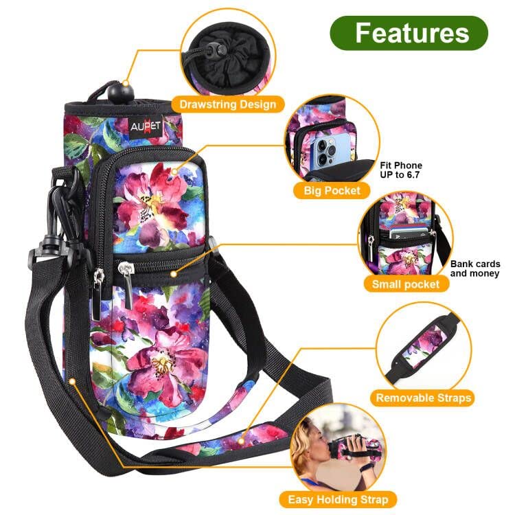 AUPET Water Bottle Sling Bag Sleeve Holder Carrier 25/32/40/64 oz,Insulated Crossbody Water Bottle Case Cover with Strap and Pockets for Men/Women Walking Hiking Camping (25oz, red flower)