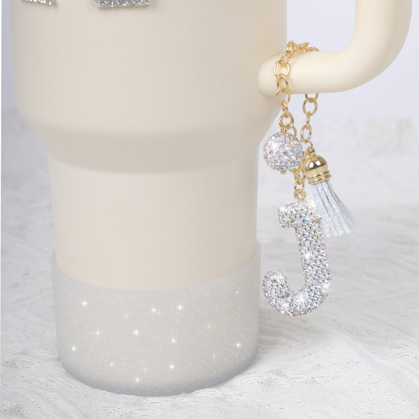 Letter Charms for Stanley Cup Handle,Silicone Boot Accessories Charms for Stanley Cup 40oz 30oz,Crown Straw Cover Topper & Diamond Sticker(J)