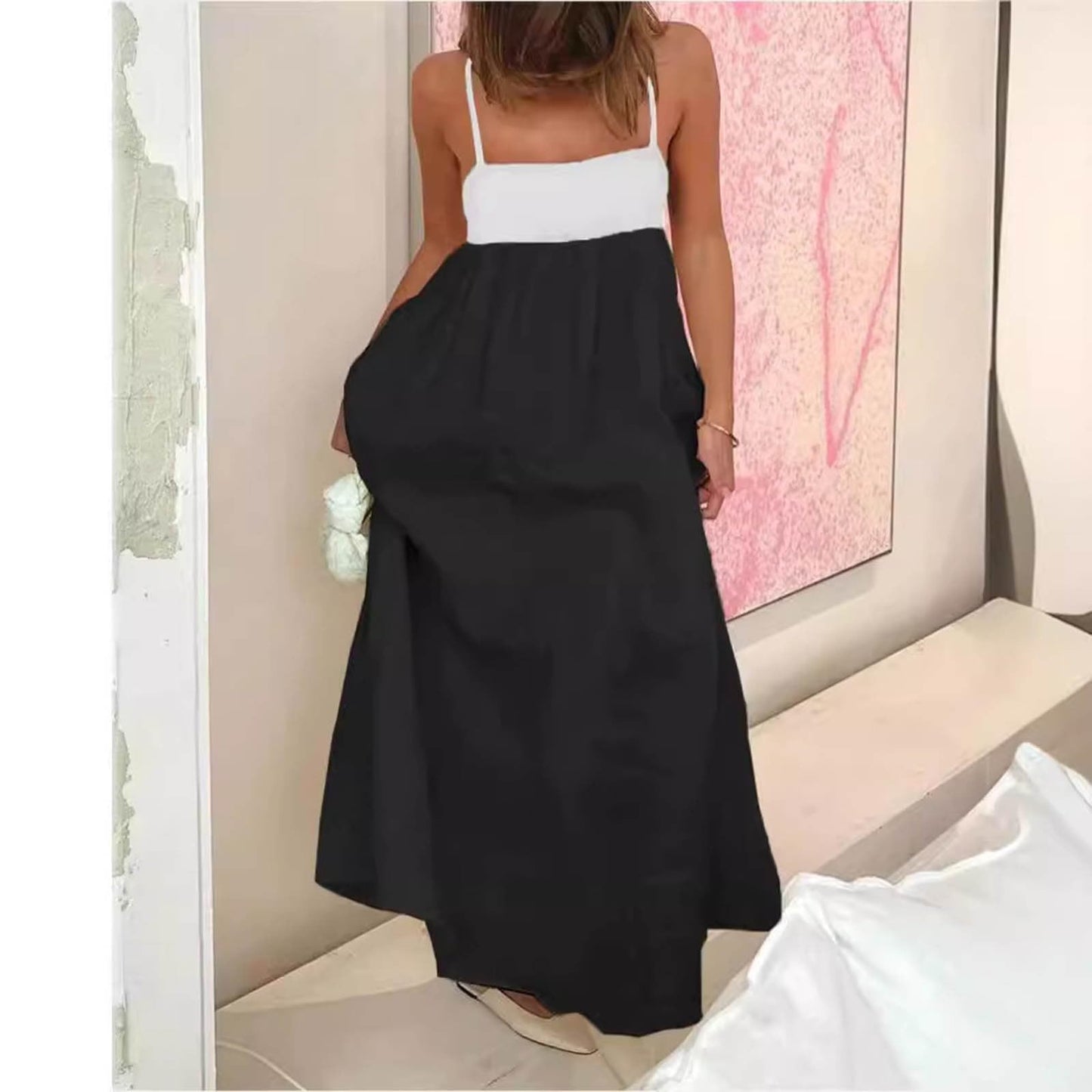 Maxi Summer Dress Womens Linen Maxi Dress Contrast Trim Spaghetti Straps Summer Outfits Travel Vacation Sleeveless Long Dresses Flowy Summer Dress for Women