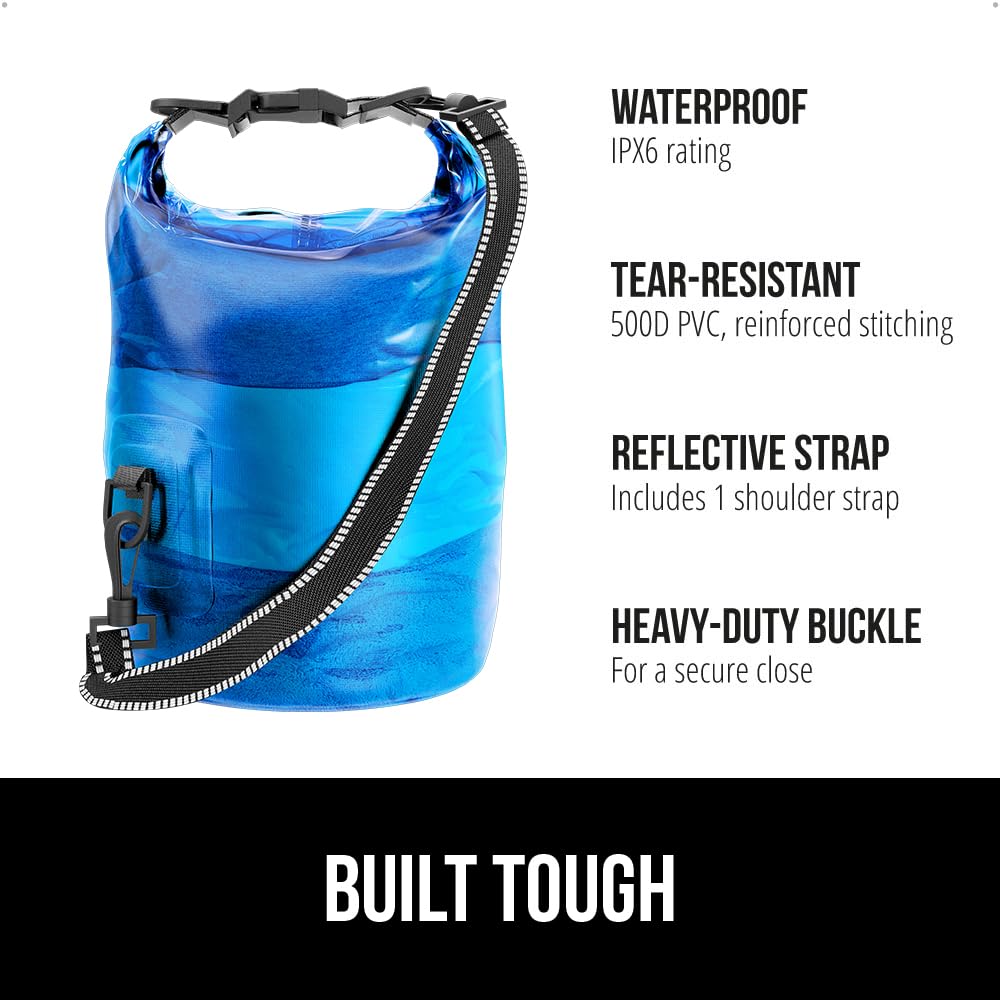 Gorilla Gear Heavy Duty 100% Waterproof IPX 6 Dry Bag, Tear and Puncture Resistant Bags, Kayaking Boating Hiking Camping Swimming Water Sports, Lightweight Outdoor Wet Storage Backpack, 5L Clear Blue