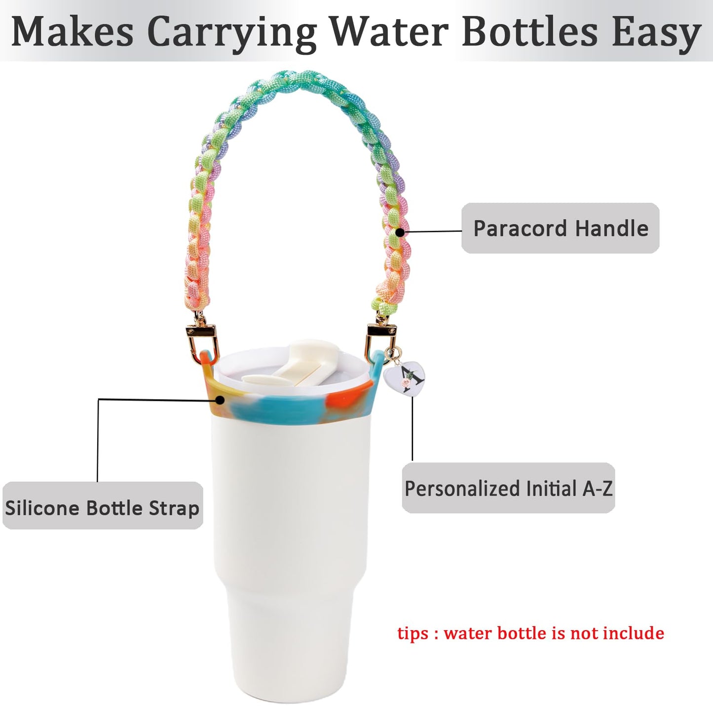 Water Bottle Handle - Personalized Name Initial A-Z Water Bottle Sling, Holder, Lanyard, Carrier,Holder with Strap - Fits Most 8-40oz Water Bottles - Compatible Stanley Cup Accessories (V, Rainbow)