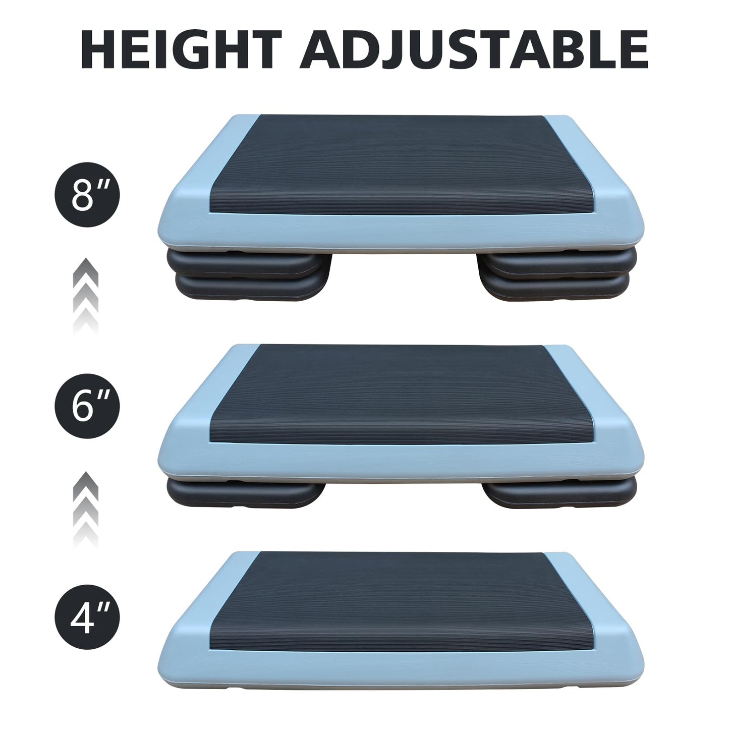 SculPong Aerobic Step Platform Height Adjustable Workout Step 4" - 6" - 8" for Fitness Strength Training with 4 Risers Gray